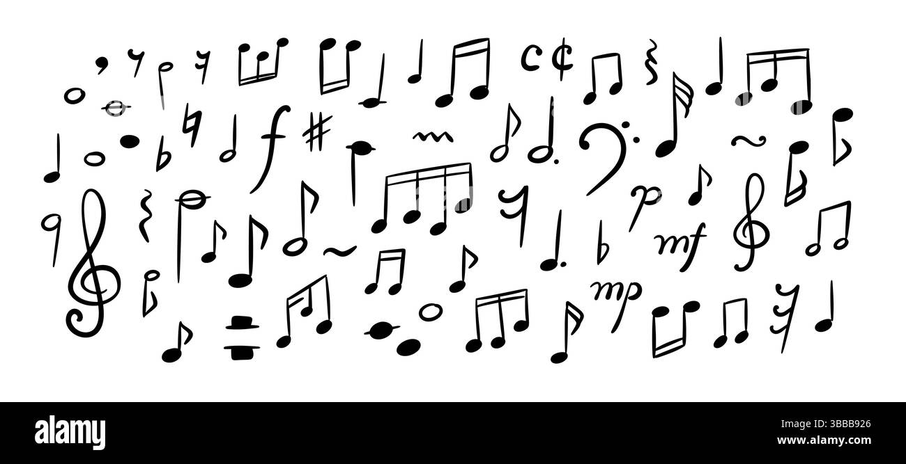 Ensemble de notes de musique et de signes de griffonnage à la main. Fond de gribouillage de crayon. Illustration vectorielle d'esquisse manuscrite. Symboles sonores de mélodie. Caprices Illustration de Vecteur