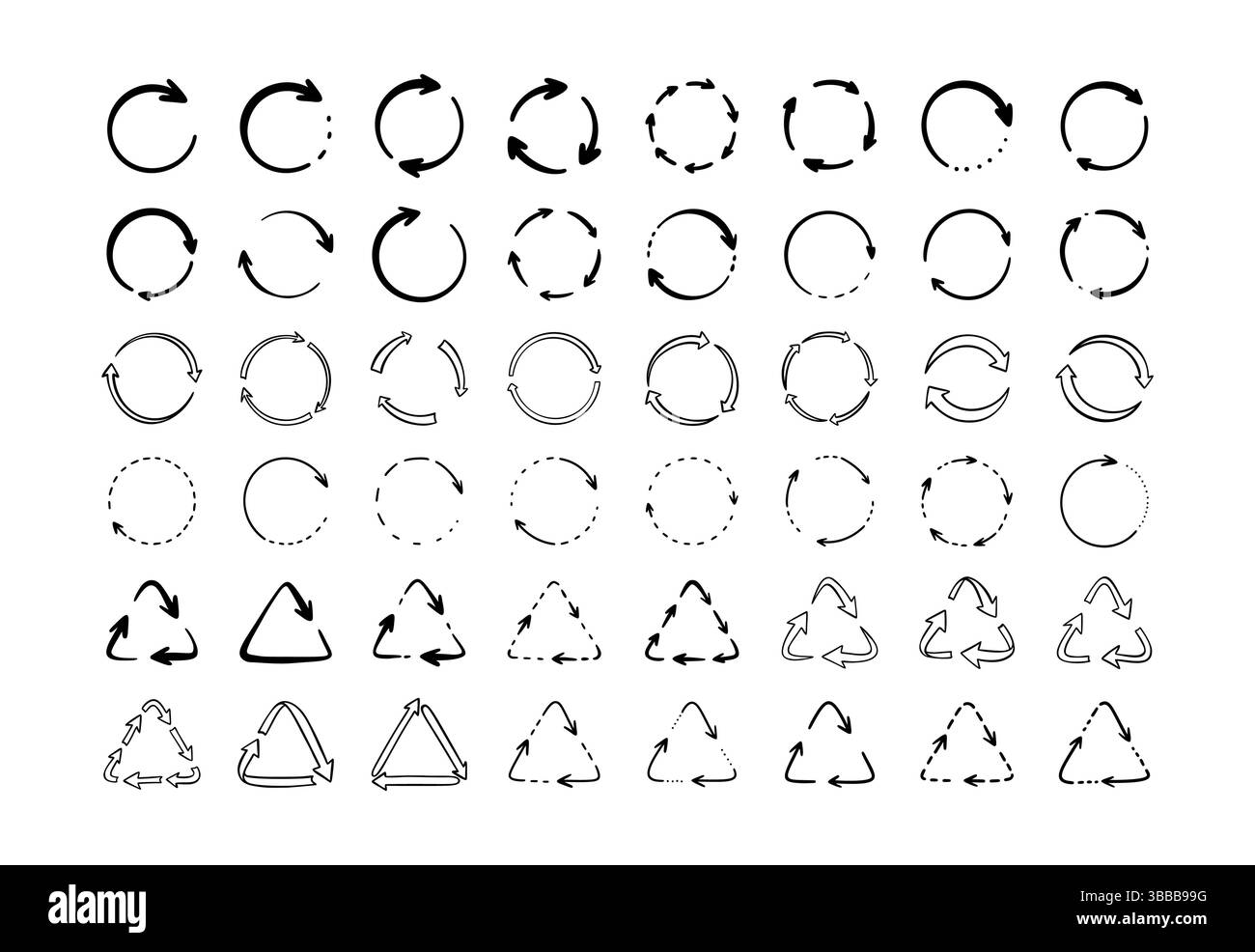 Ensemble de symboles de recyclage de doodle dessinés à la main, de réutilisation, de rafraîchissement. Rotation ronde flèche pointillée. Mouvement du tableau de bord, signe de mouvement. Crayon Eco Friendly concepts Illustration de Vecteur