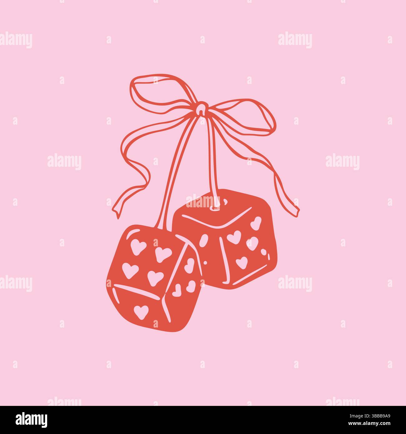 Dés de cerise linocut dessinés à la main girly avec ruban noeud mignon. Poker, casino, blackjack, concept de bingo. Jour de match chanceux. Motif vintage imprimé coquette. VEC Illustration de Vecteur