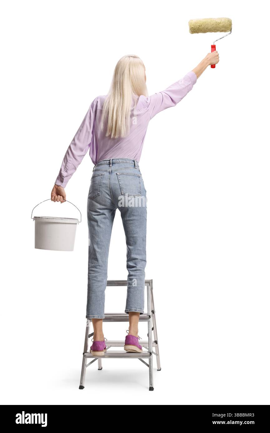 Vue arrière d'une femme sur une échelle peignant un mur isolé sur fond blanc Banque D'Images Vue arrière d'une femme sur une échelle peignant un mur isolé sur fond blanc Banque D'Images