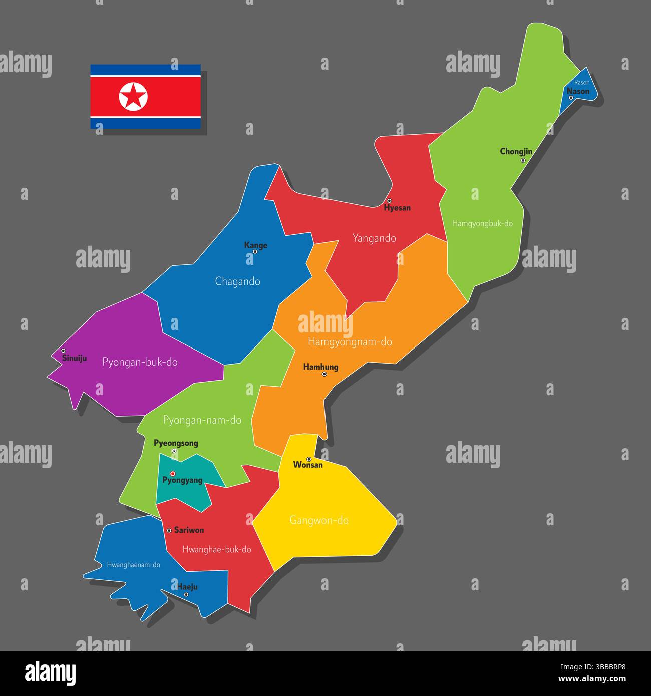 Carte vectorielle de la Corée du Nord avec les noms des villes et avec les frontières de la ville Illustration de Vecteur
