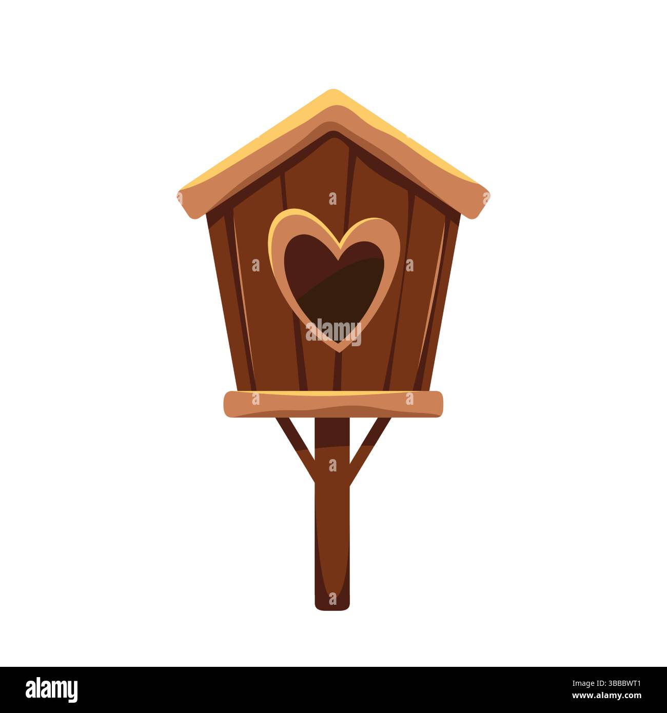 Clipart vecteur de nichoir en bois. Abri de nidification ou boîte surprenante pour jardin, environnement d'arrière-cour. Maison avec trou d'entrée de coeur, maison en bois pour l'animal volant. Mangeoire à la main pour cour. Faune volière. Illustration de Vecteur