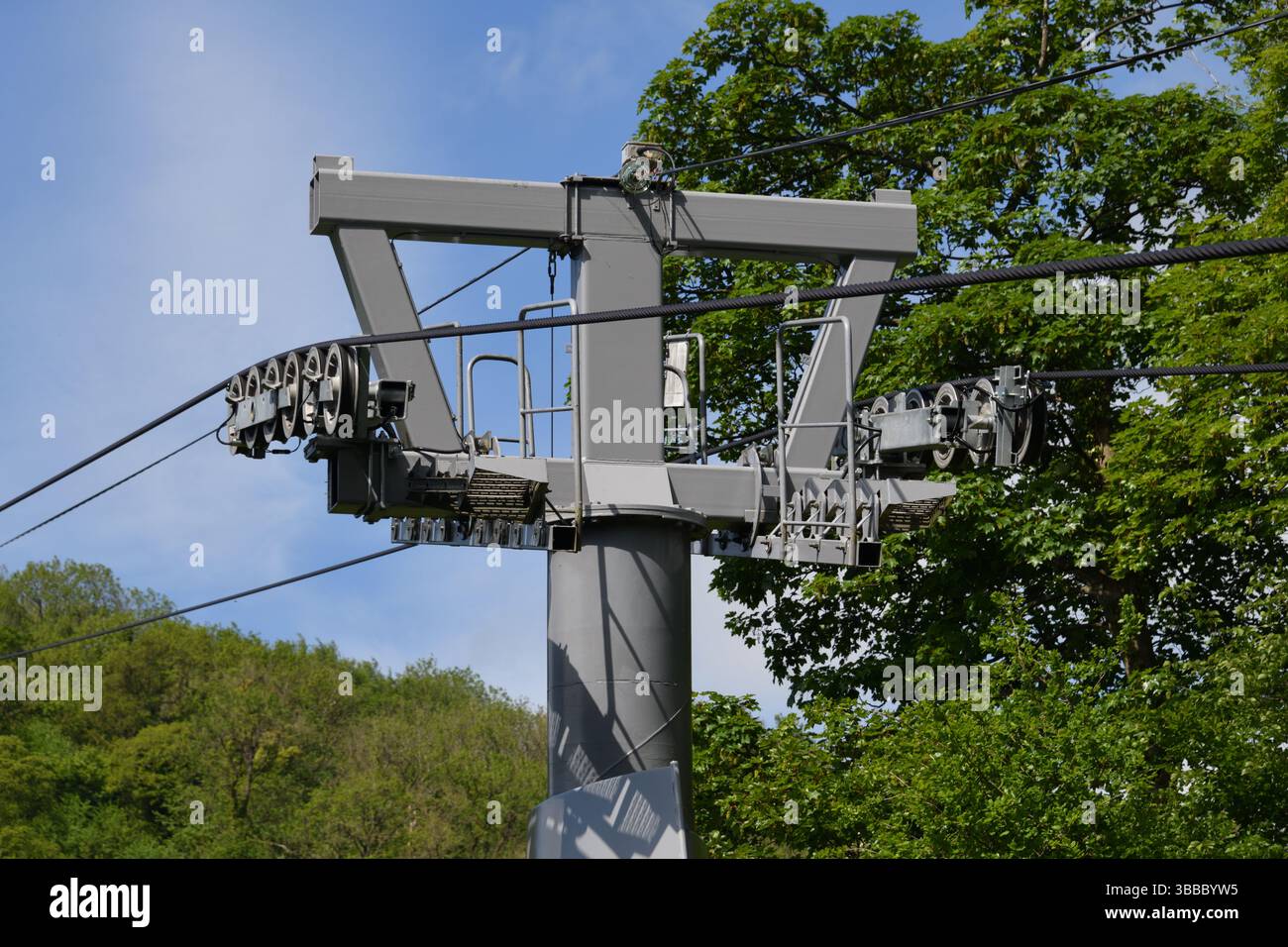 Gros plan des roues de poulie du téléphérique sur les hauteurs d'Abraham à Matlock Bath Derbyshire Angleterre Banque D'Images