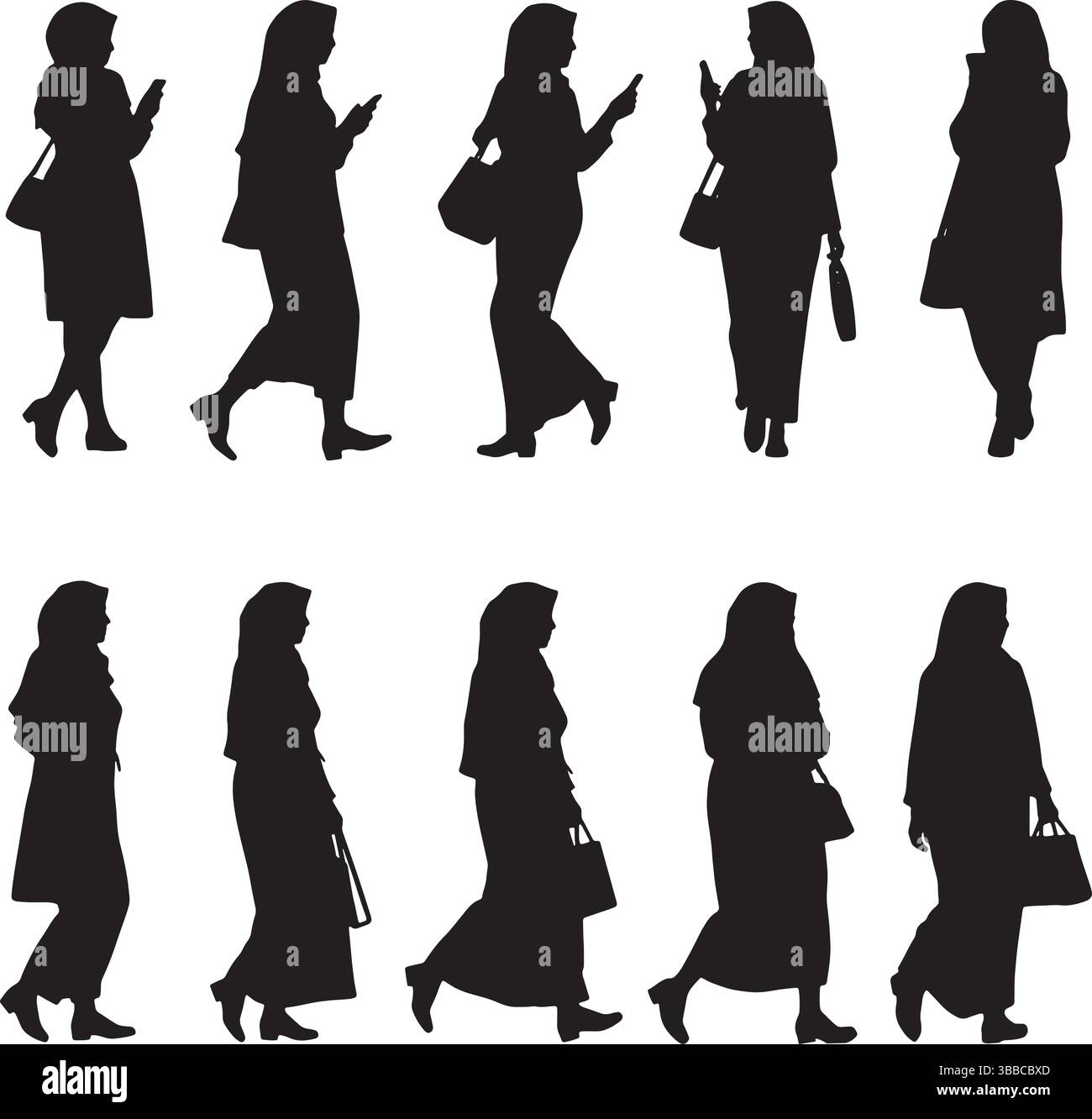 Hijabi femmes silhouettes marchant avec téléphone et sacs – illustration vectorielle noire de 8 figures féminines sans ombres Illustration de Vecteur