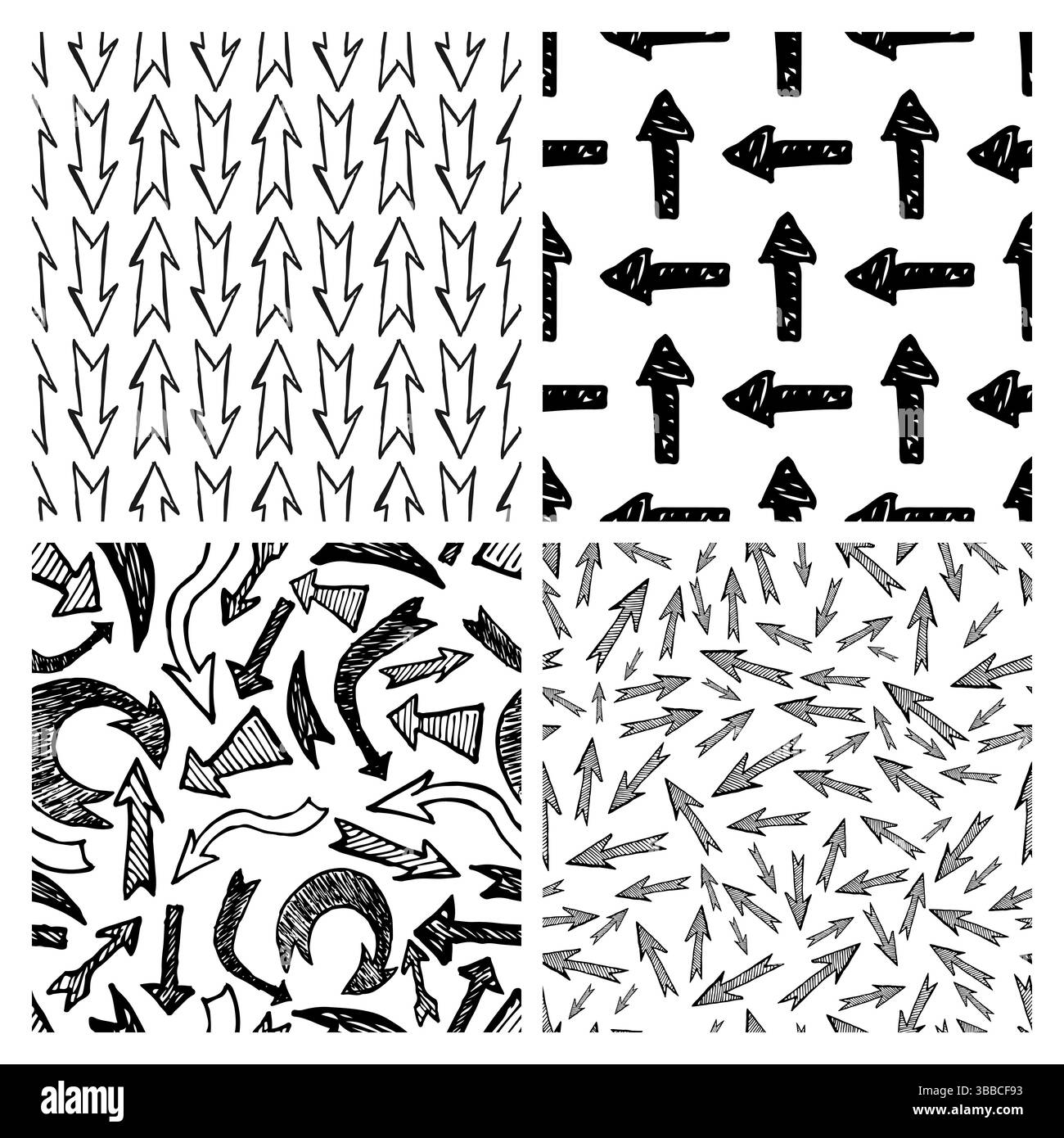 Modèle sans couture avec flèches noires dessinées à la main. Ensemble de quatre arrière-plans abstraits créatifs. Illustration vectorielle Illustration de Vecteur