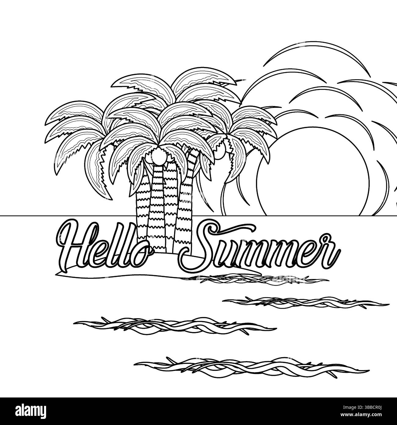 Coloriage avec dessin de contour de la scène de l'île tropicale avec des cocotiers, soleil, coucher de soleil, vagues de l'océan. Bonjour Summer. Pour recevoir, vacances bann Illustration de Vecteur