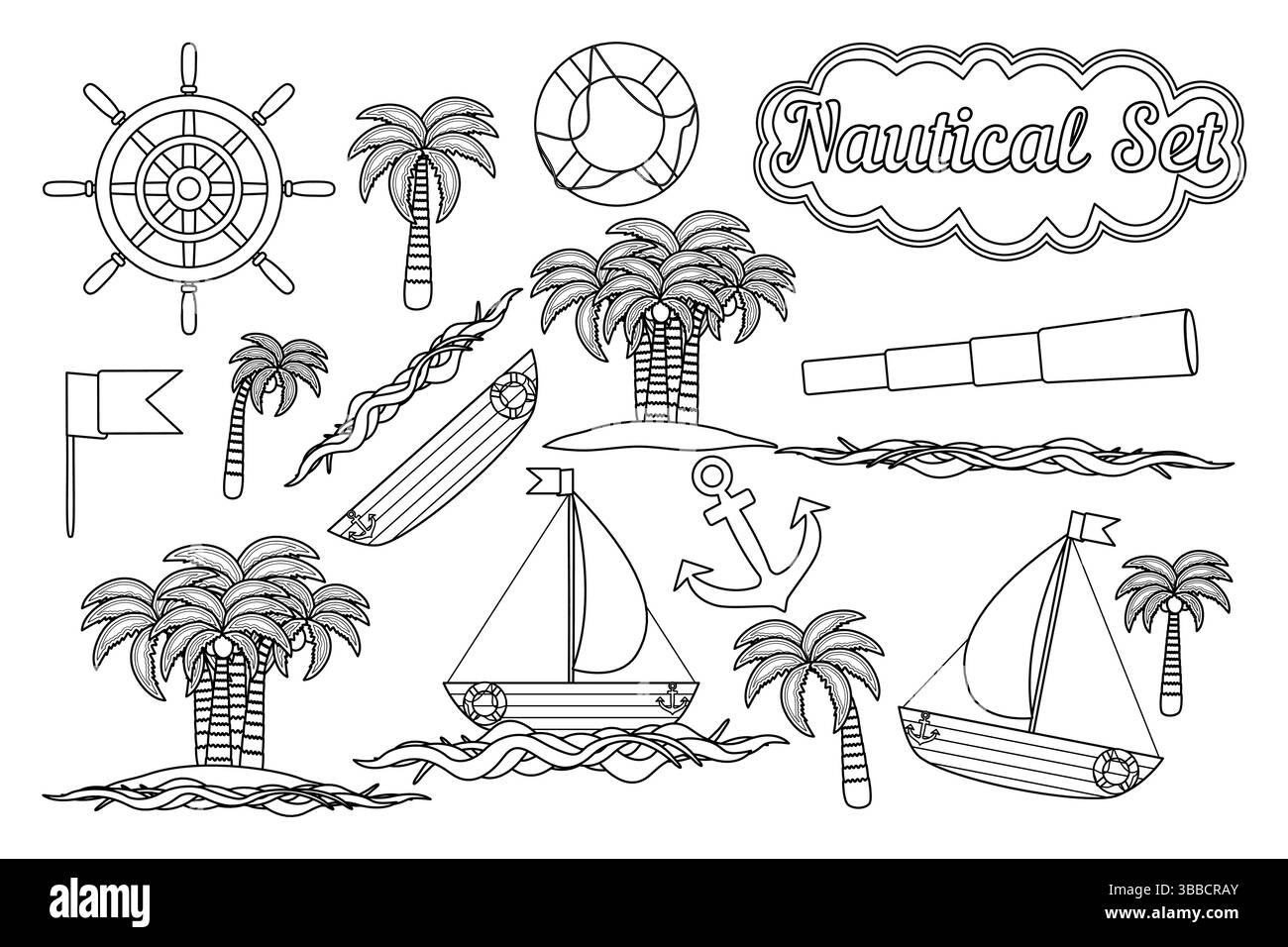 Coloriage d'été de l'ensemble nautique avec voiliers, bateaux, ancre, bouée de sauvetage, roue de navire, spyglass, vagues de mer, cocotiers tropicaux et drapeau. Pour e Illustration de Vecteur