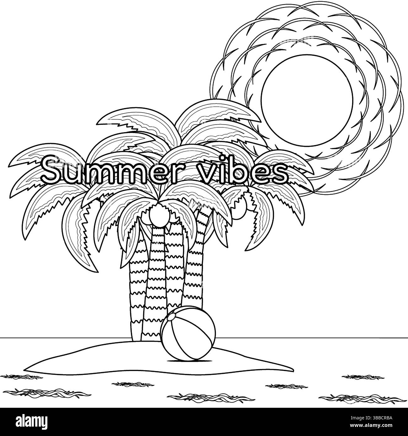 Coloriage avec contour d'une scène d'une île tropicale, palmiers, noix de coco, ballon de plage, soleil, vagues océaniques. Vibrations estivales. Pour se divertir, vacances banne Illustration de Vecteur
