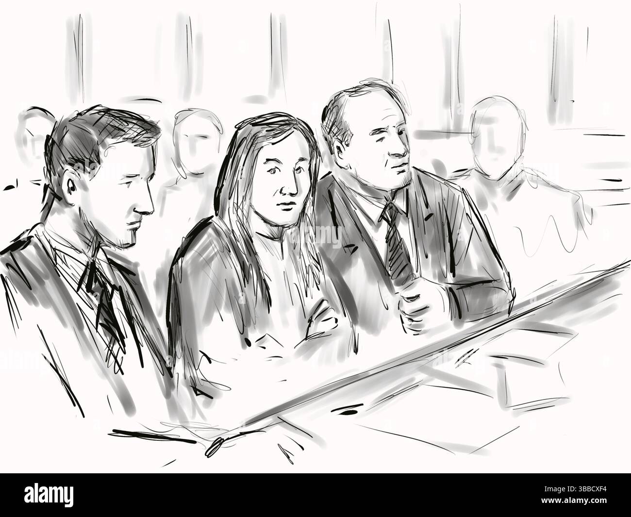 Crayon pastel et croquis à l'encre illustration d'un cadre de procès en salle d'audience avec avocat blanc, avocat et défenderesse, témoin demandeur assis d Banque D'Images