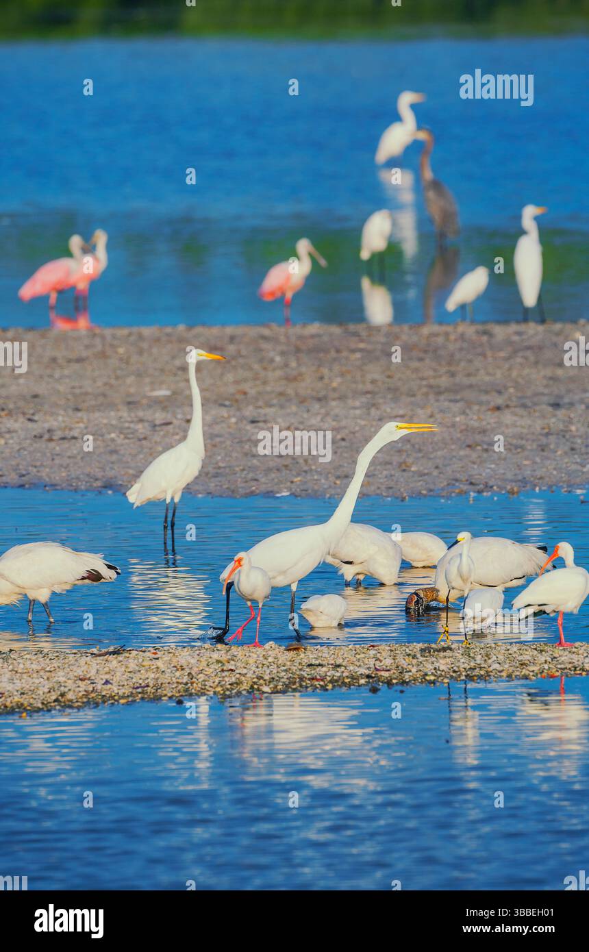 Groupe de pêche aux grandes aigrettes blanches (Ardea alba) et aux cuillères de rosé (Platalea ajaja), île de Sanibel, Floride, états-unis Banque D'Images