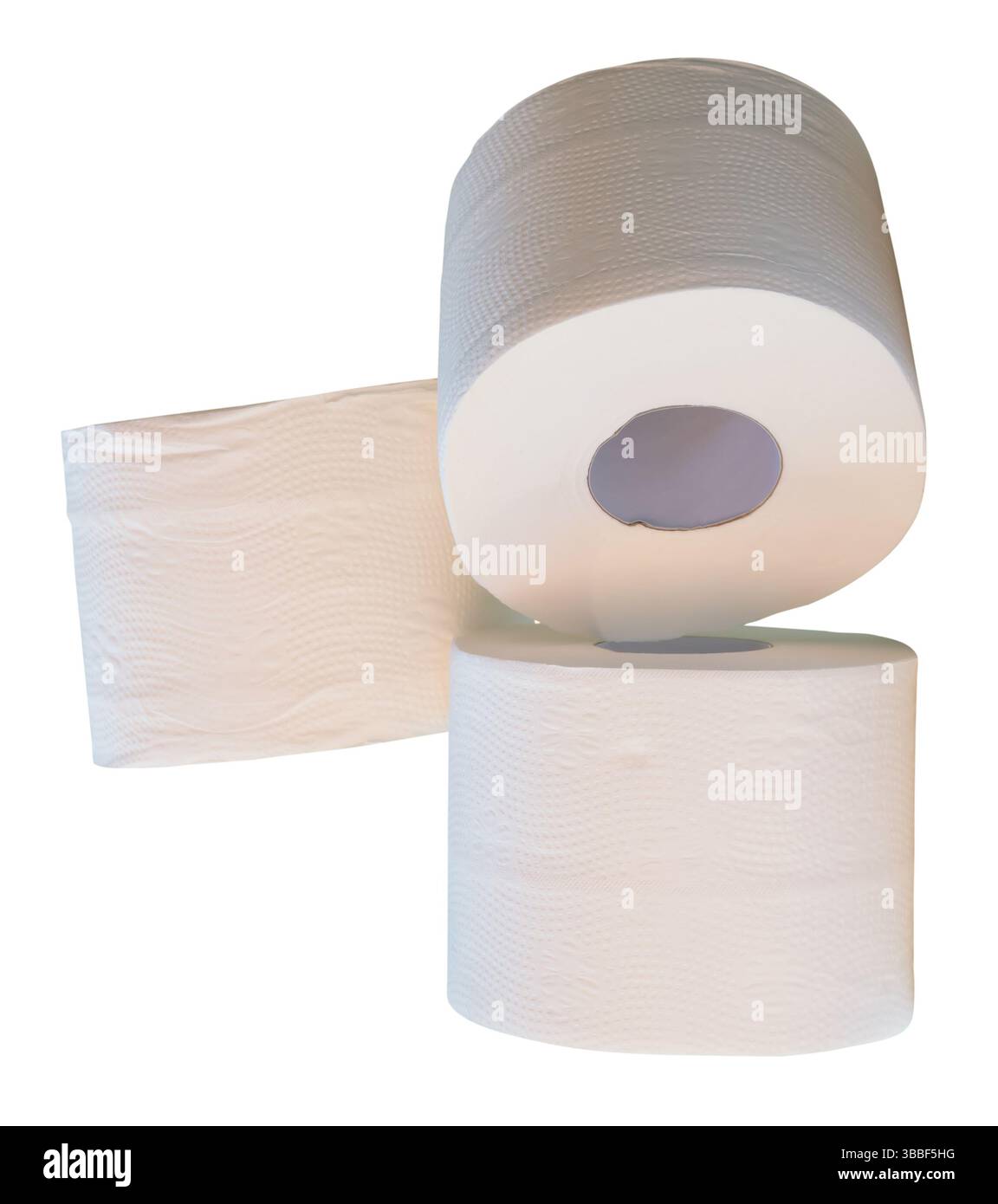 Trois rouleaux de papier de soie blanc ou de papier toilette sont isolés sur fond blanc avec chemin de découpage. Banque D'Images