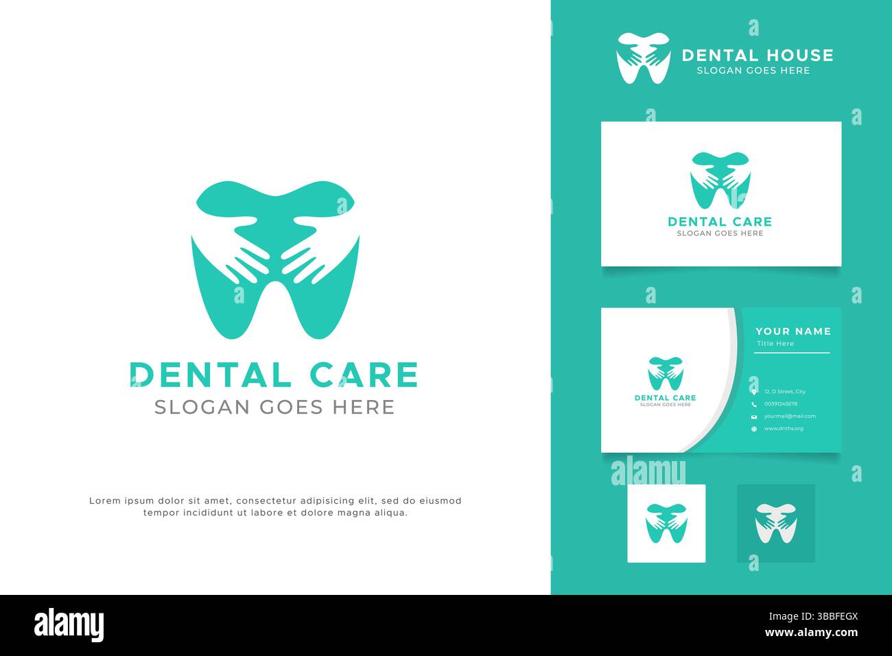 Logo soins dentaires de Abstract Shape Tooth et Hug Hand. Symbole de signe pour les soins cliniques et hospitaliers dentistes. Illustration de Vecteur