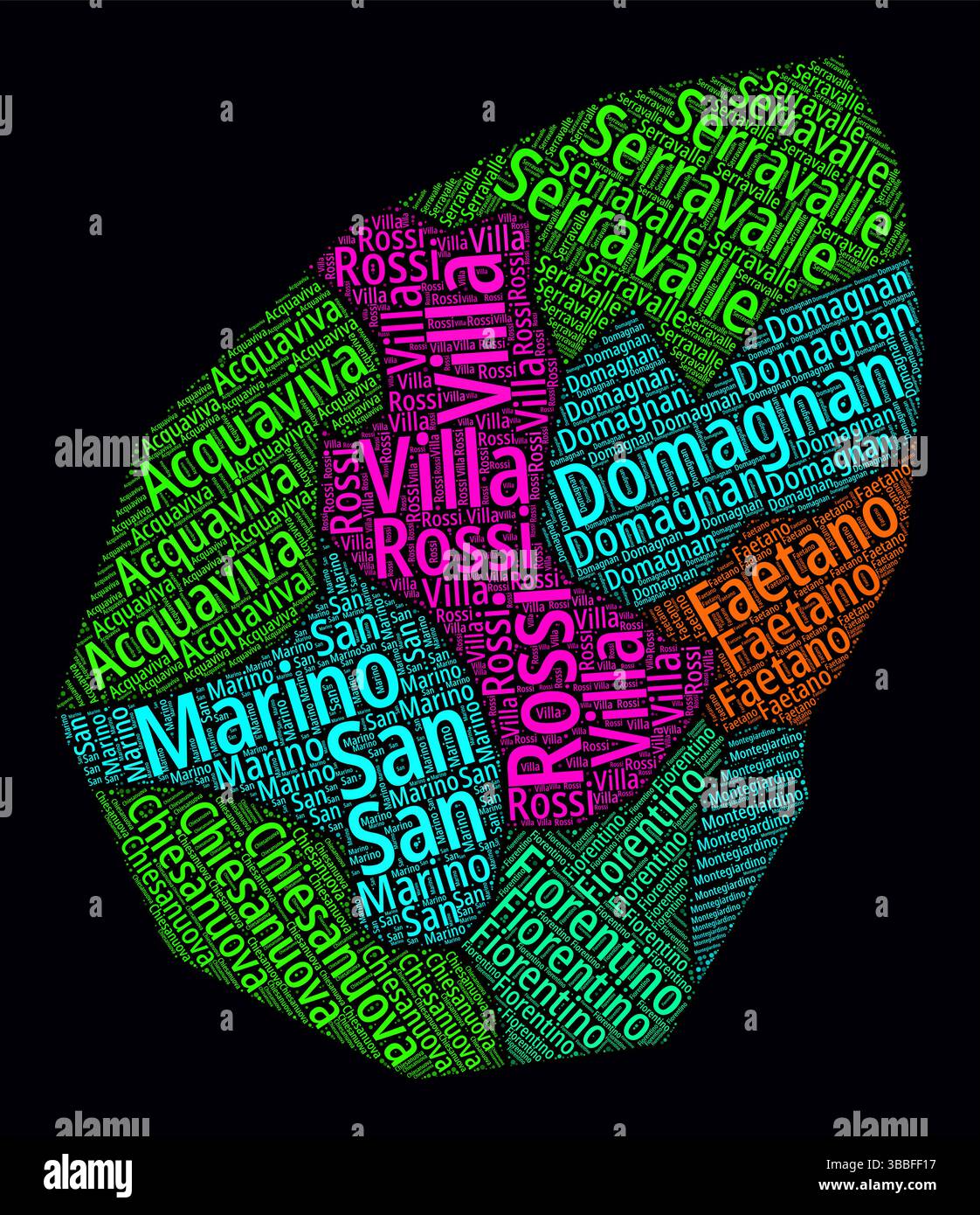 Nuages de mots dans les régions de Saint-Marin. Design de style néon lumineux sur fond sombre. Noms de région du pays en italien. Illustration de Vecteur