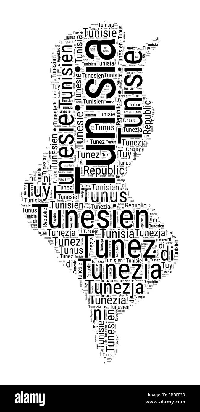 Nuage de mots noir et blanc en forme de Tunisie. Illustration de pays de style typographique simple. Nuage de texte noir Uni Tunisie sur fond blanc. Illustration de Vecteur