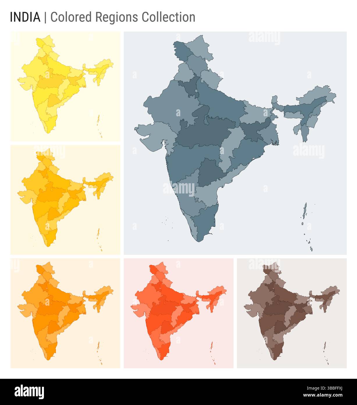 Collection de cartes de l'Inde. Forme de pays avec régions colorées. Bleu gris, jaune, ambre, orange, orange profond, palettes de couleurs marron. Illustration de Vecteur