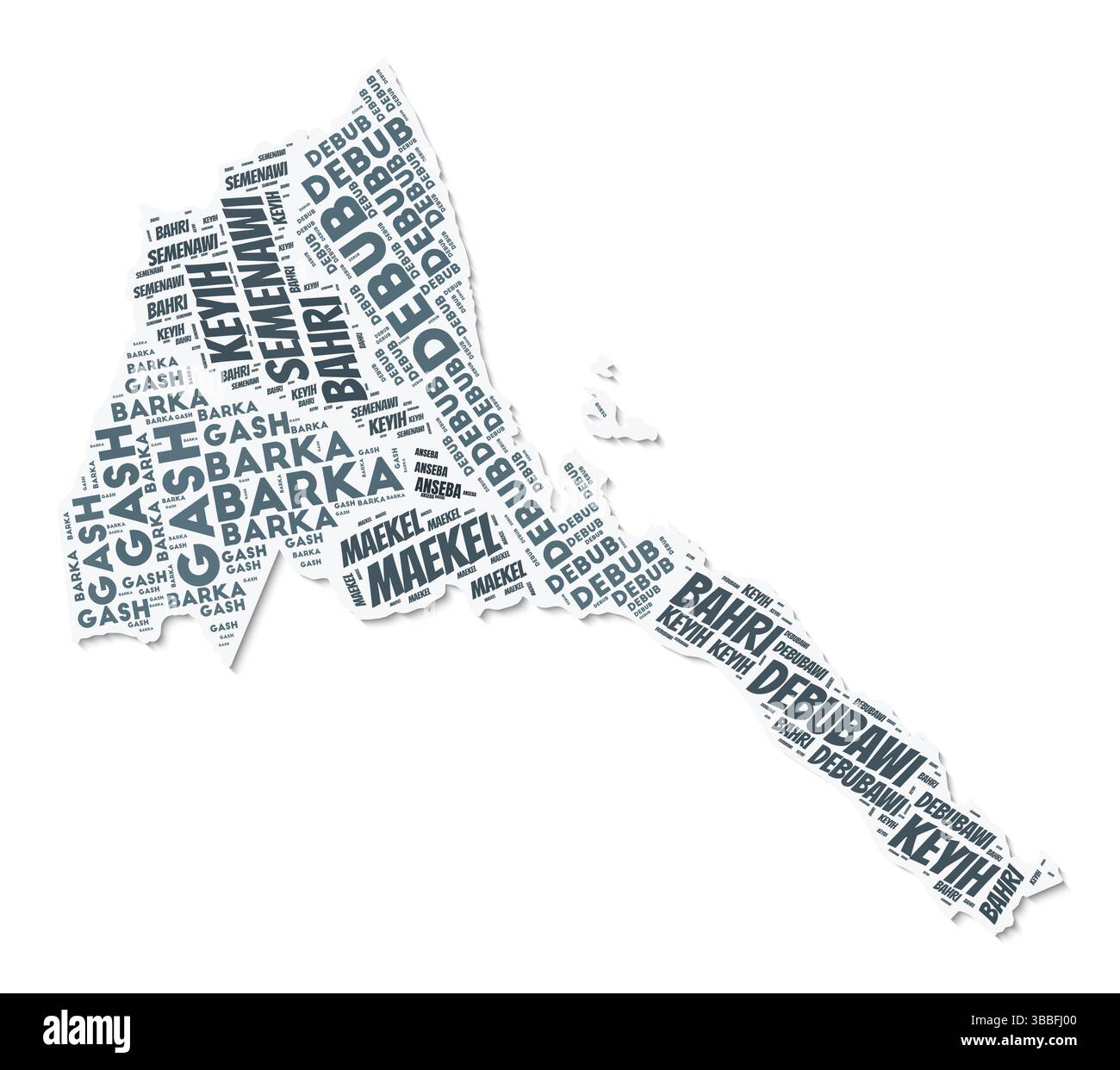 Nuage de texte de forme Érythrée. Frontière de pays avec ombre sur fond blanc. Erythrée avec division des régions dans le style vintage gazette. Illustration de Vecteur