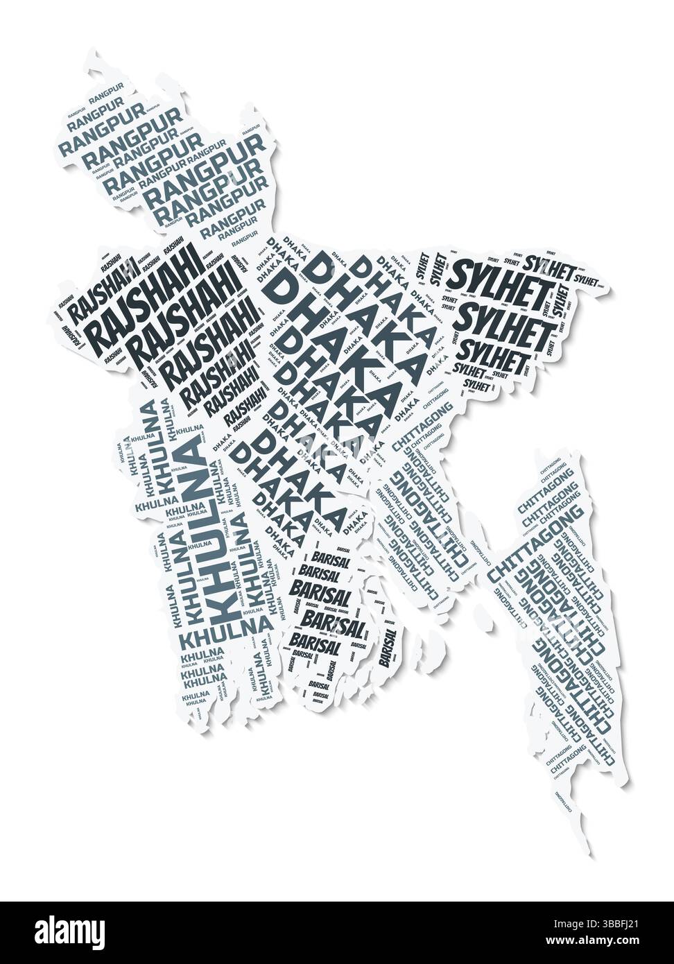 Nuage de texte de forme Bangladesh. Frontière de pays avec ombre sur fond blanc. Bangladesh avec division des régions dans le style vintage gazette. Illustration de Vecteur
