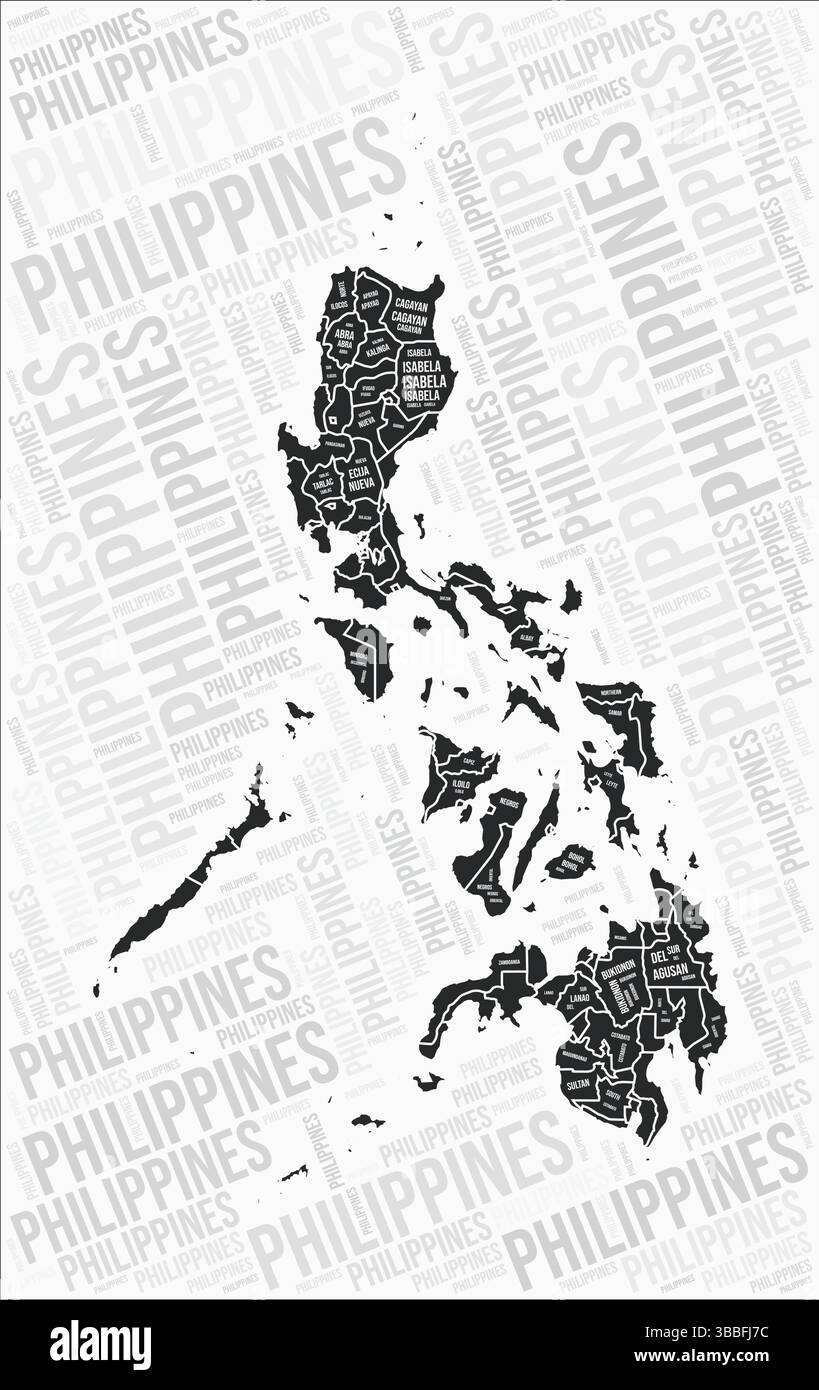 Les régions Philippines cartographient le nuage de mots. Noms des régions Philippines. Conception de carte en noir et blanc. Illustration vectorielle impressionnante. Illustration de Vecteur