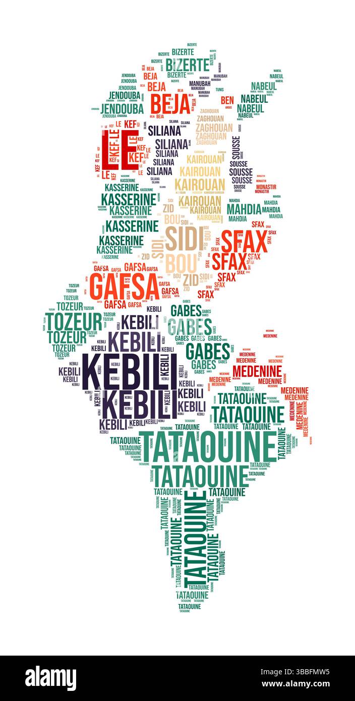 Tunisie Word Cloud. Forme du pays avec division de région. Image style typographie Tunisie. Nuages de balises de noms de région. Illustration vectorielle. Illustration de Vecteur