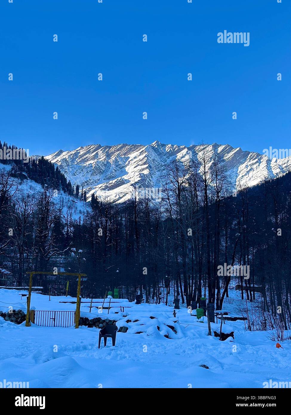 Majestueuses montagnes enneigées sous un ciel dégagé, présentant des sommets escarpés recouverts de blanc. - Image de stock capturée avec un smartphone