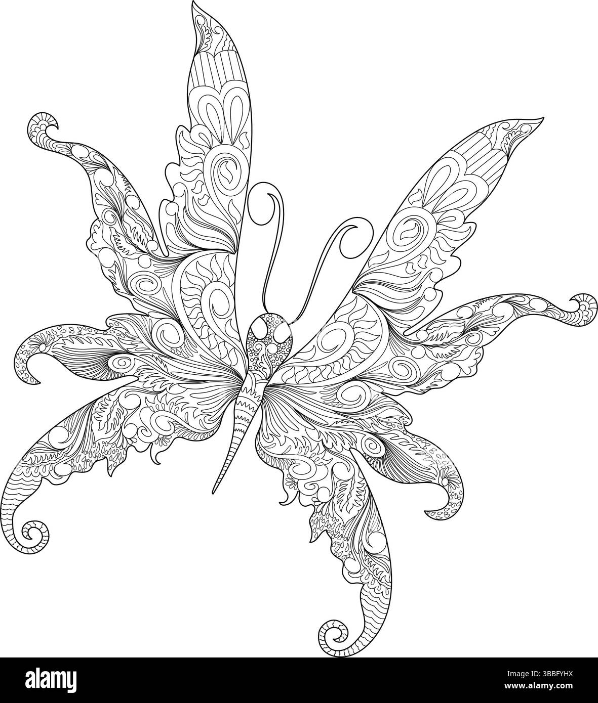 Illustration détaillée en noir et blanc d'un papillon avec des motifs complexes sur ses ailes, parfait pour les livres de coloriage pour adultes, le design décoratif ou l'art. Illustration de Vecteur