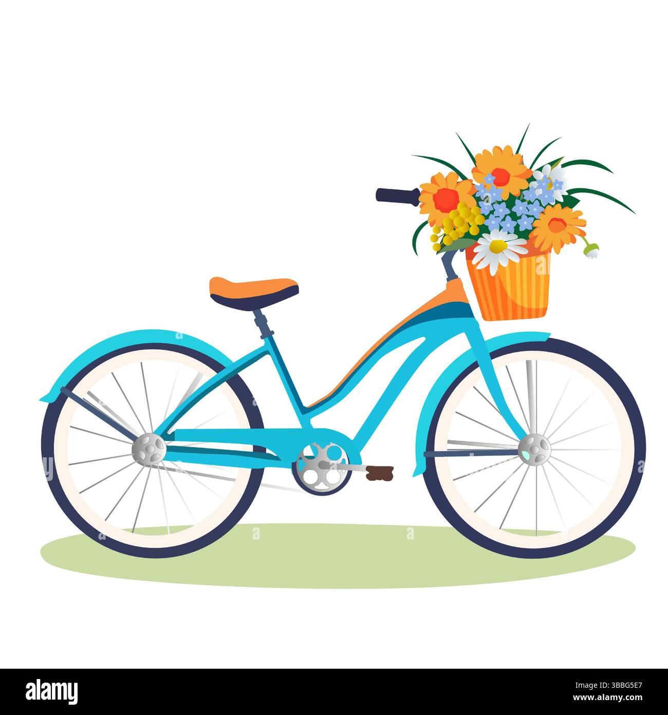 Vélo bleu vif avec un panier de fleurs garé sur l'herbe verte dans un cadre ensoleillé Banque D'Images