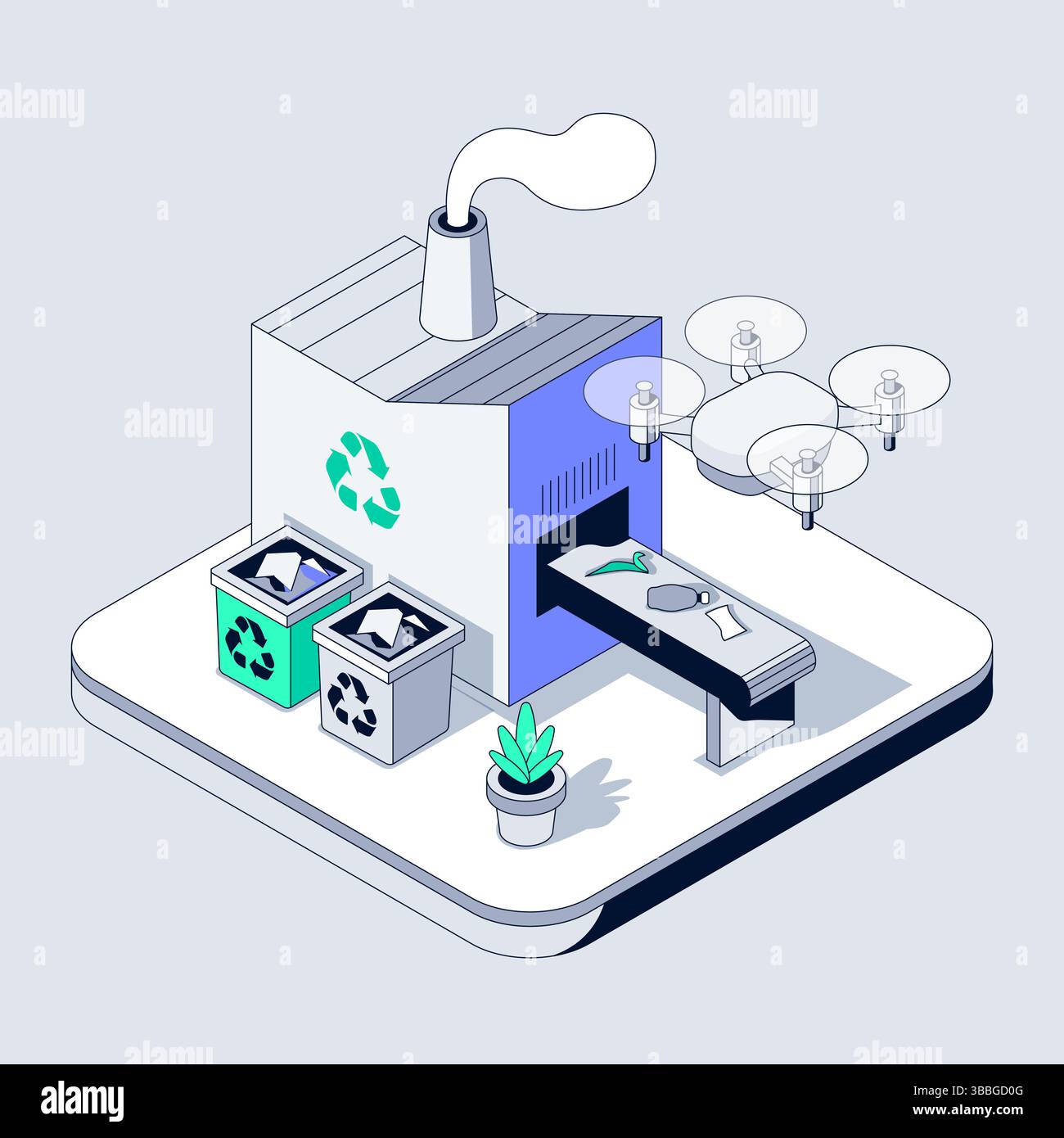 Une usine de recyclage alimentée PAR IA traite les déchets plastiques et papier. Les drones intelligents assistent le tri automatisé et la manutention des matériaux. Technologie écologique Illustration de Vecteur