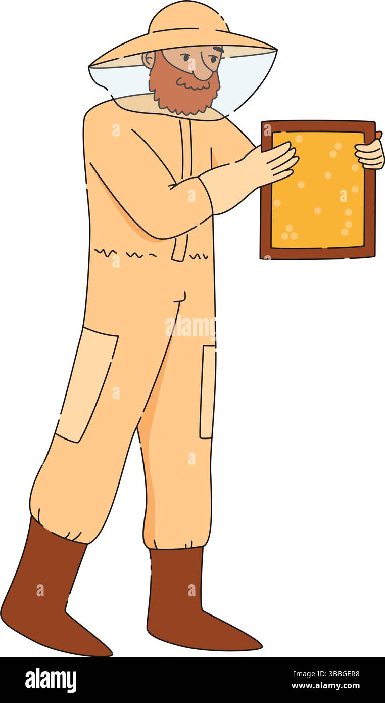 Homme apiculteur en costume de protection tenant le cadre de ruche en bois avec des nids d'abeilles, illustration vectorielle plate de dessin animé sur fond blanc Illustration de Vecteur