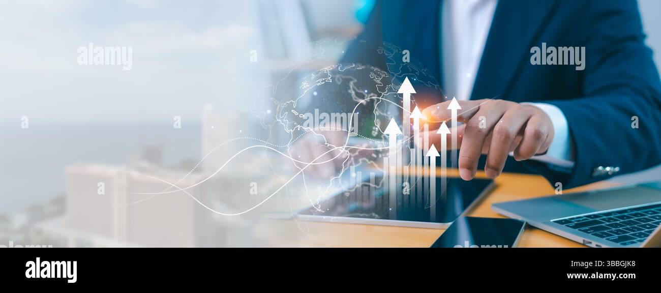 Croissance économique et commerciale mondiale, graphique de croissance économique, analyse des données financières et bancaires, analyse des marchés boursiers, prise de décision en matière d'investissement Banque D'Images