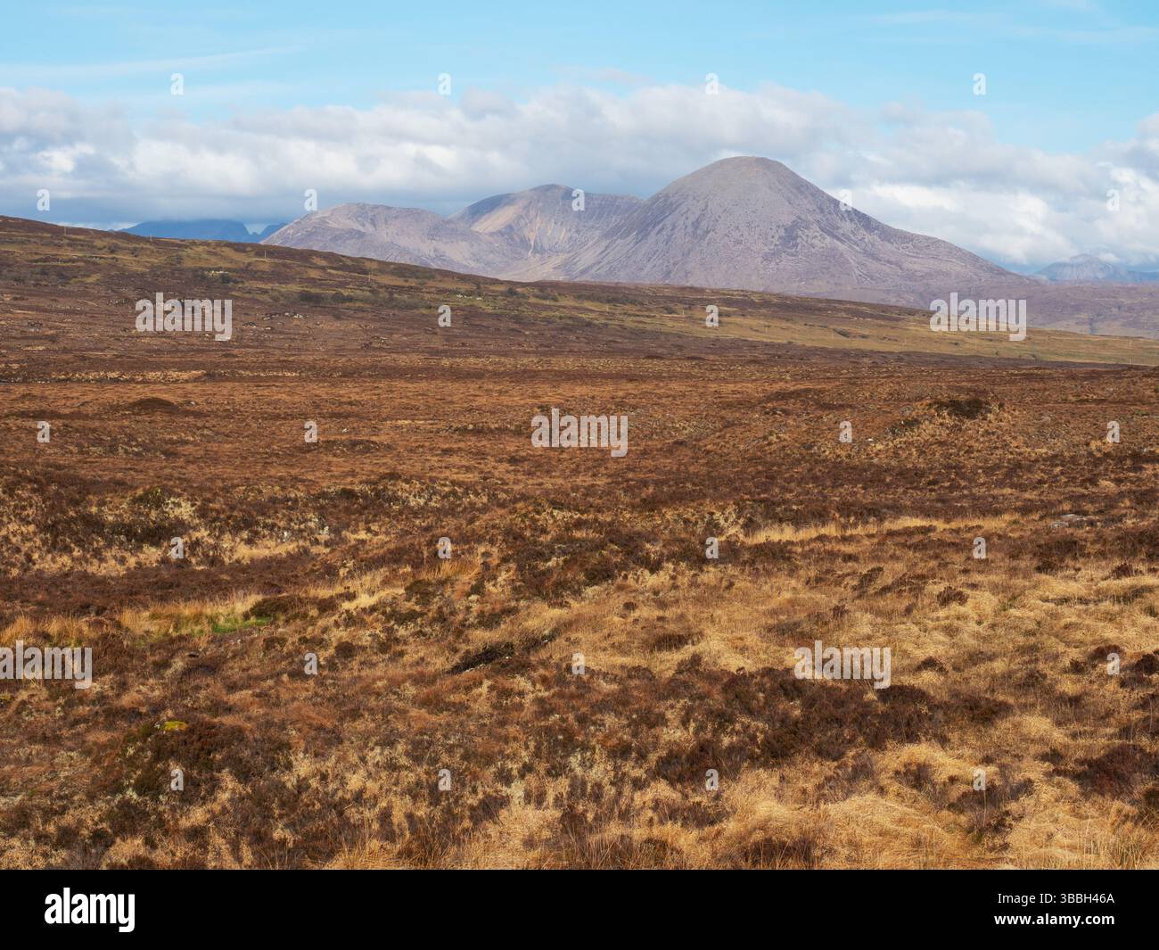 Landes avec Beinn na Caillich et Beinn Dearg Mhor au-delà, péninsule de Sleat, île de Skey, Hébrides intérieures, Highland, Écosse, Royaume-Uni, avril 2021 Banque D'Images