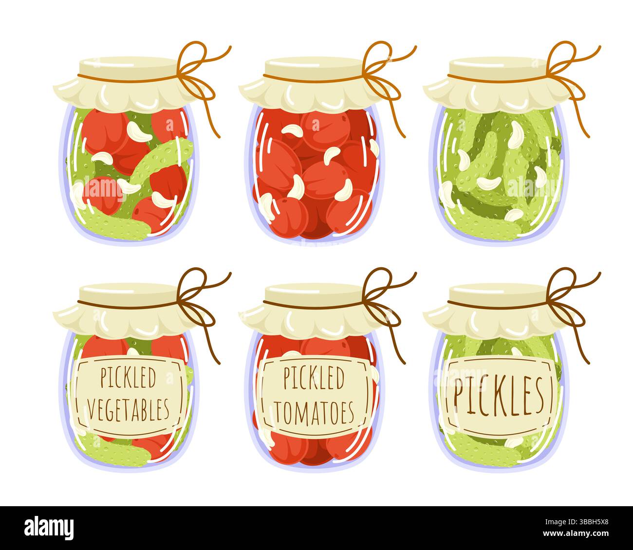 Collection de légumes marinés dans un style plat. Concombre mariné, tomates, ail. Automne mariner les aliments dans un pot avec des étiquettes. Illustration isolée sur un Illustration de Vecteur