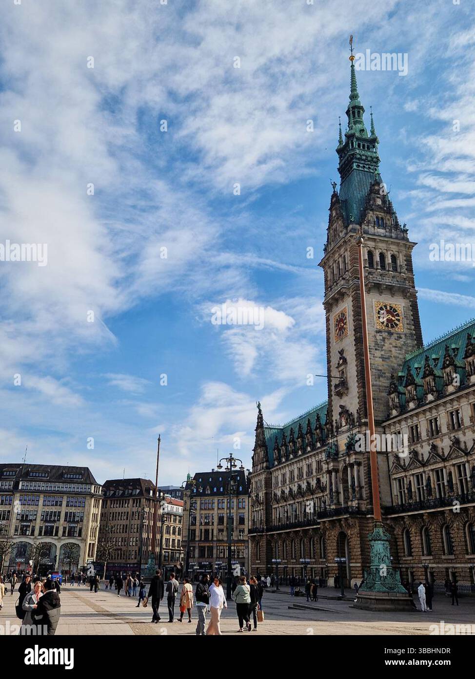 Architecture historique et vie urbaine animée à l'hôtel de ville de Hambourg Banque D'Images