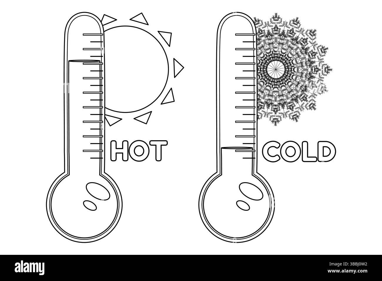 Page de coloriage d'été ensemble de thermomètres de température montrant la météo comme la chaleur de l'été et le froid de l'hiver, le soleil et le flocon de neige. Indicat chaud et froid Illustration de Vecteur