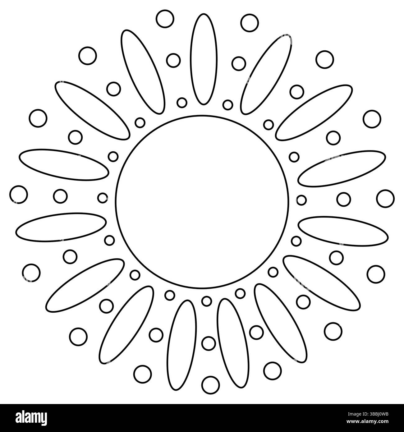 Dessin de contour de page de coloriage d'été du soleil avec des rayons ovales et en forme de cercle. Rayon de soleil ovale et rond. Pour divertir les enfants, été, saisonnier, bea Illustration de Vecteur