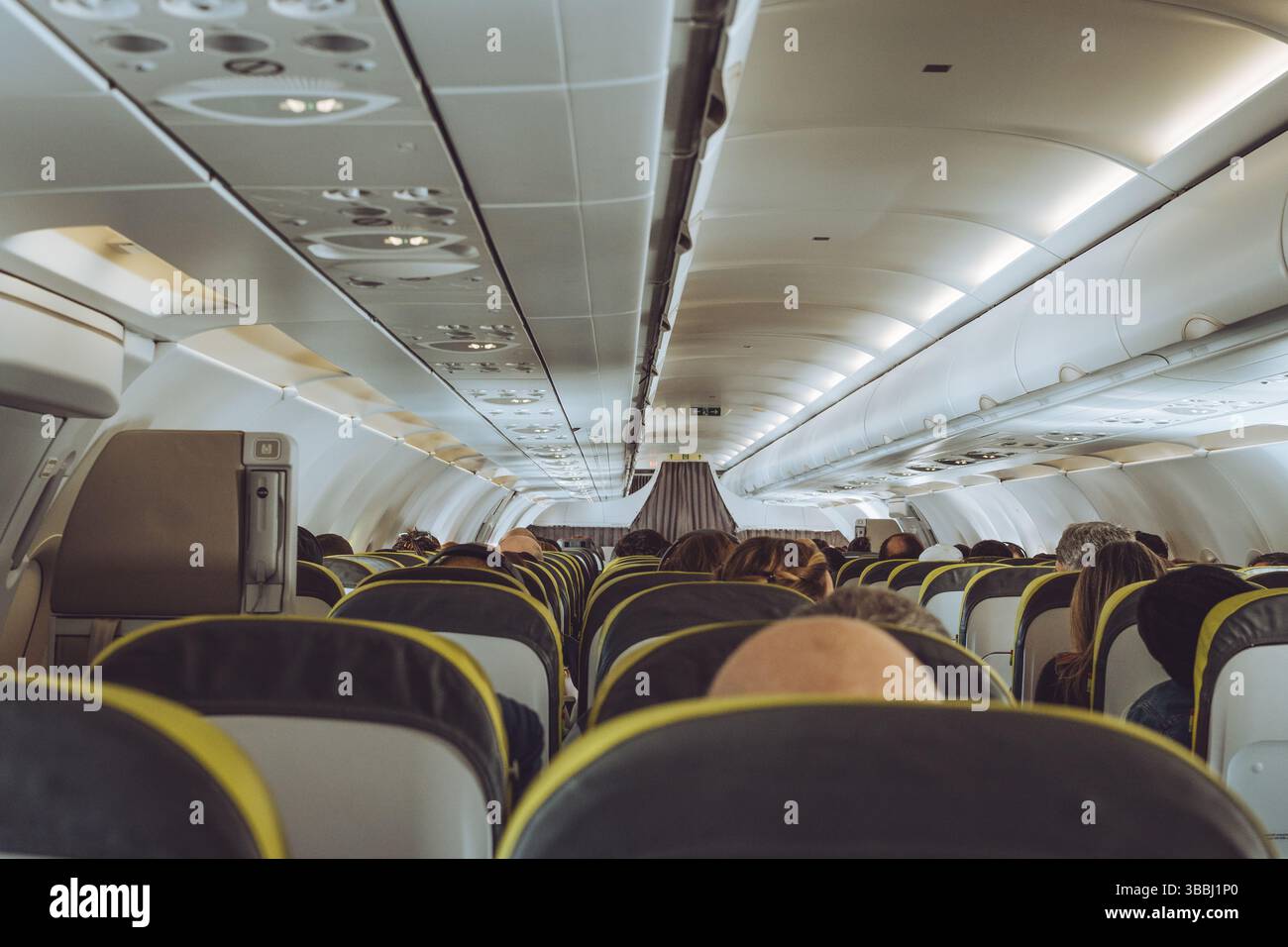 Intérieur de l'avion, rangées, allée, passagers, Banque D'Images