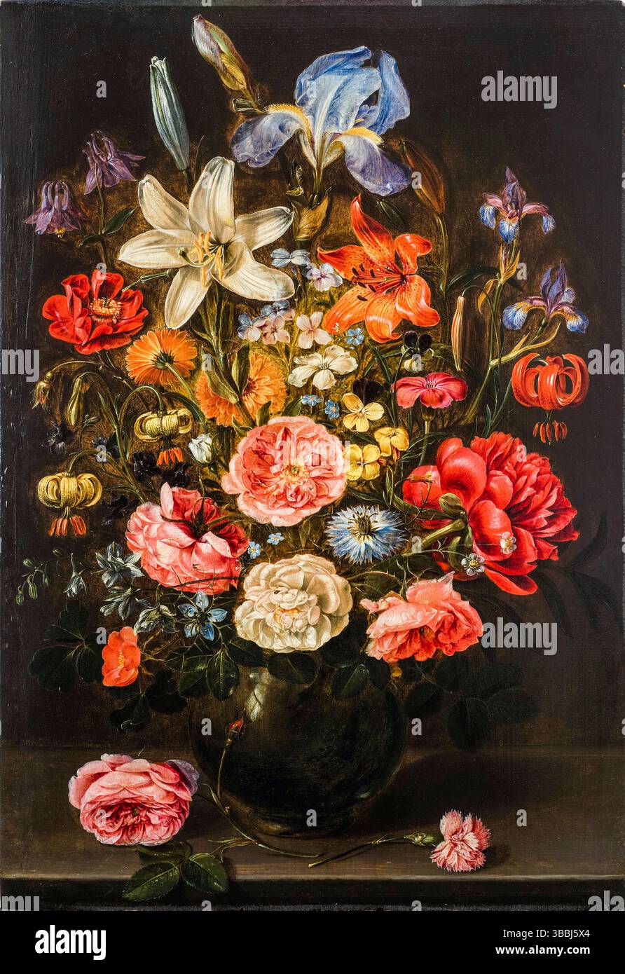 Clara Peeters, A Still Life of Lys, Roses, Iris, Pansies, Columbine, Love-in-a-Mist, Larkspur et autres fleurs dans un vase en verre sur un dessus de table flanked by a Rose and a œillet, peinture à l'huile sur panneau, vers 1610 Banque D'Images