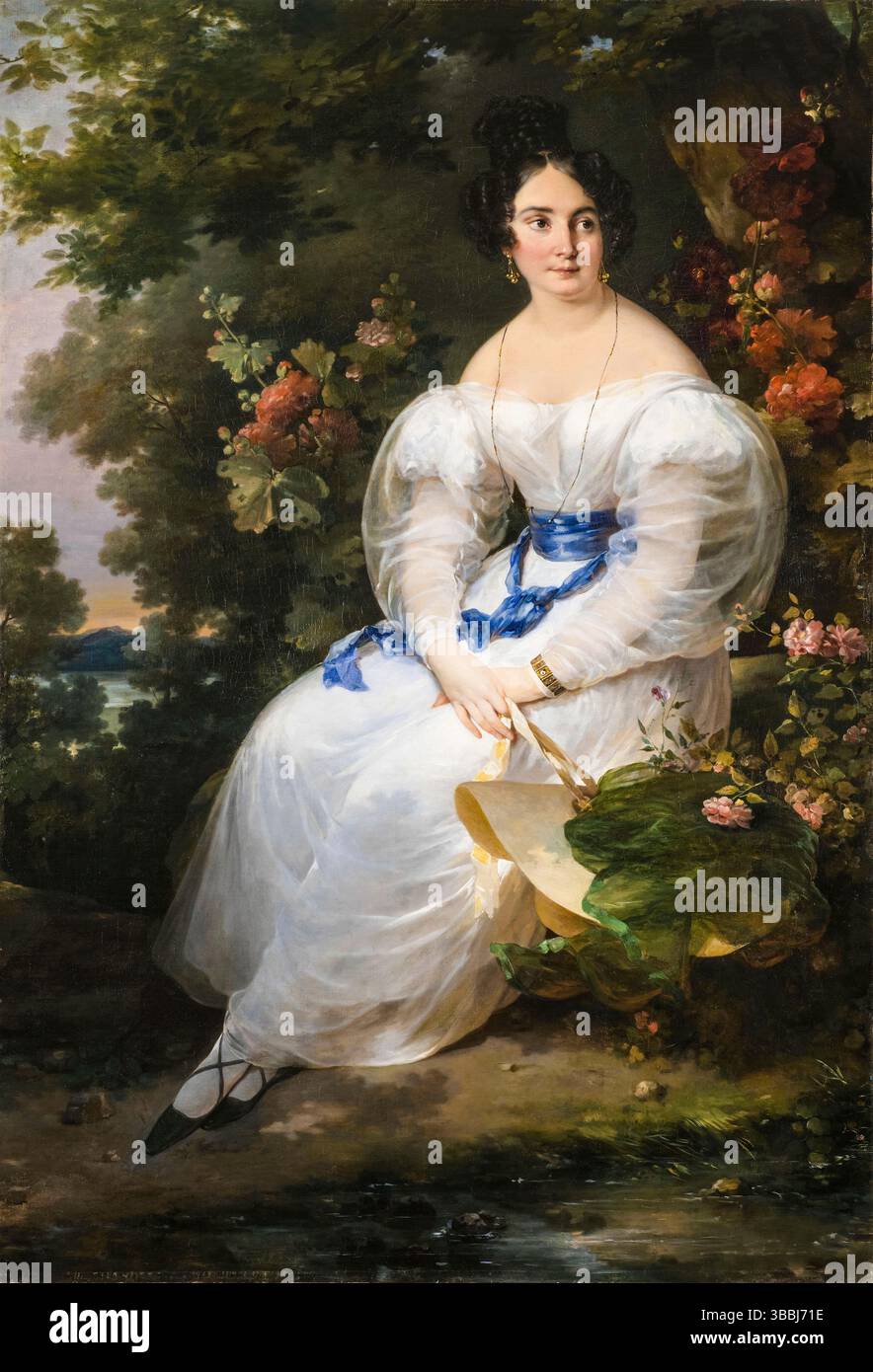 Hortense Haudebourt-Lescot, jeune femme assise à l'ombre d'un arbre, portrait peint à l'huile sur toile, vers 1830 Banque D'Images