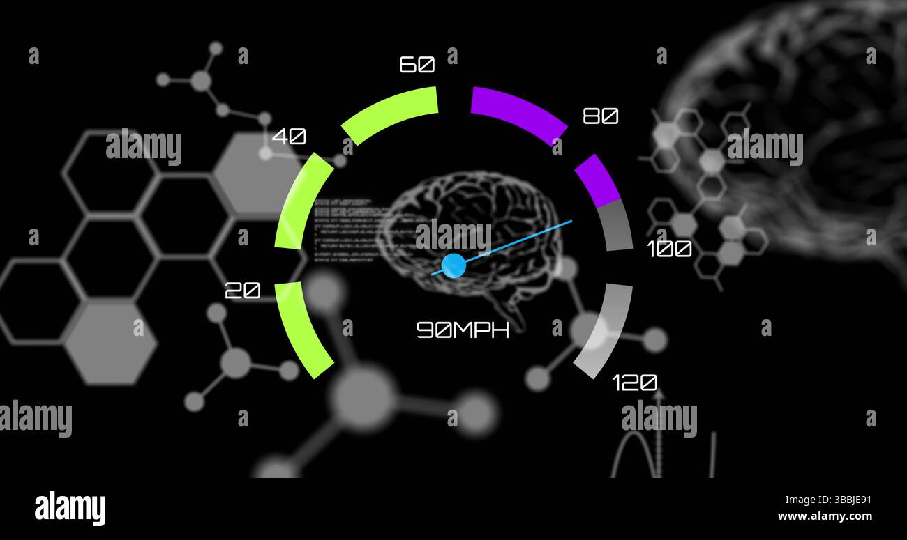 Image de données scientifiques et du cerveau sur compteur de vitesse et fond noir Banque D'Images