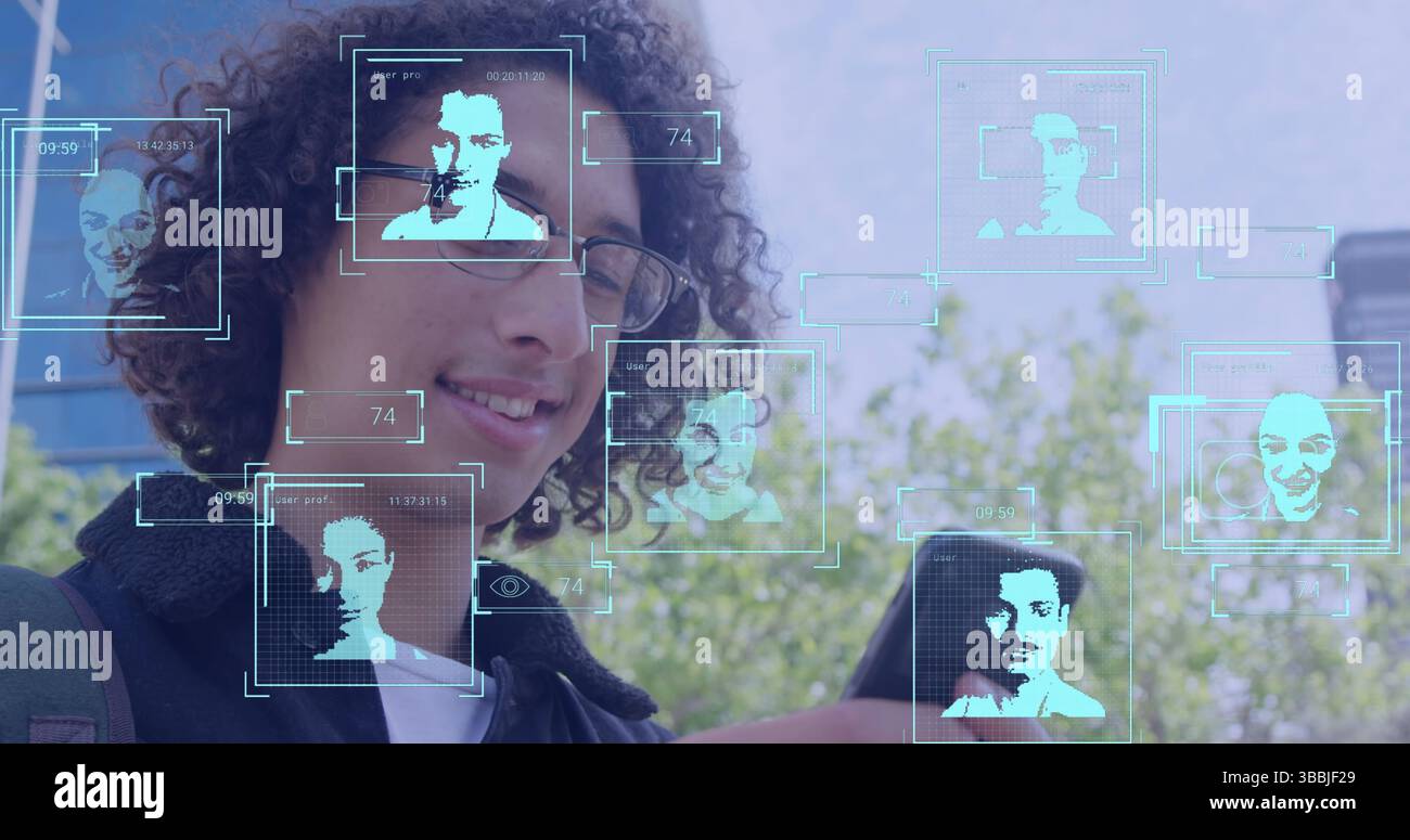 Image de flèches et d'icônes sur homme d'affaires à l'aide d'un smartphone Banque D'Images