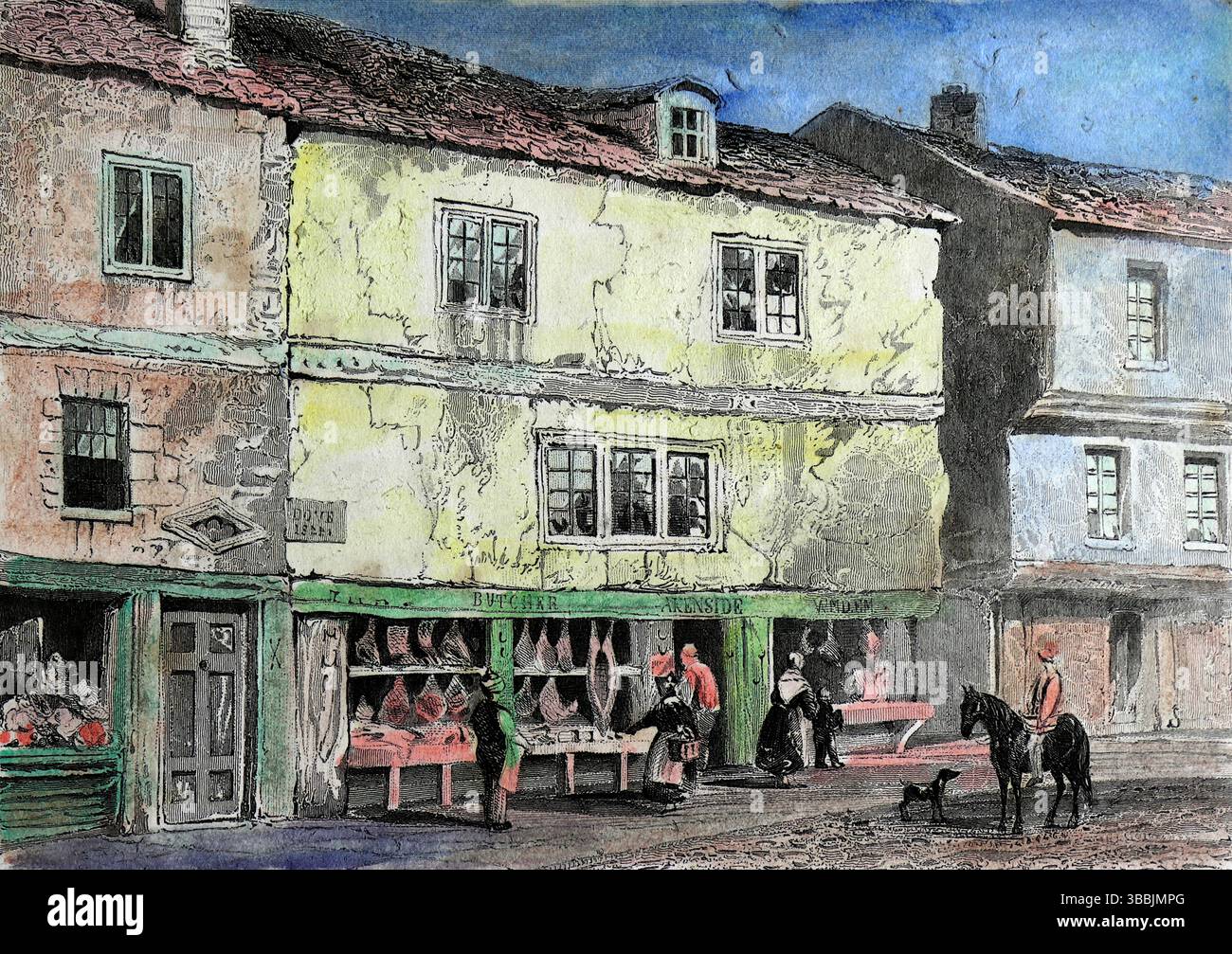 L'Akenside Butcher Bank, Newcastle-upon-Tyne, vers le début des années 1800 Une impression d’artiste non attribuée de Butcher Bank. Il a été nommé d'après le poète Mark Akenside, qui y est né en 1721. À l'époque médiévale, Butcher Bank abritait des boucheries, ce qui en faisait un lieu clé pour le commerce de viande à Newcastle. La rue relie le côté à Dog Bank, près de l'église All Saints et est maintenant connue sous le nom de colline Akenside. Extrait d'un album victorien et édouardien qui semble avoir été compilé par une personne anonyme. Banque D'Images