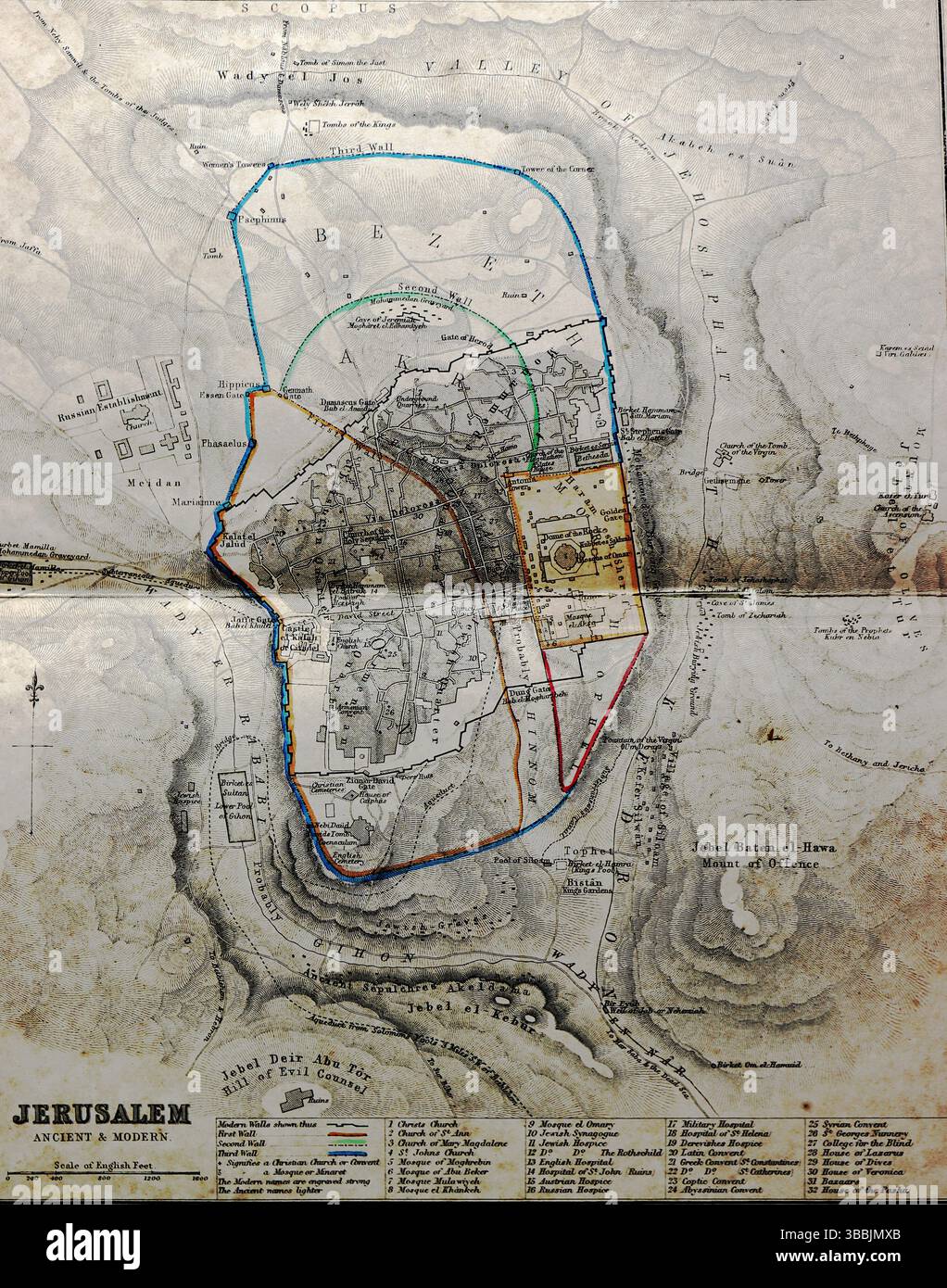 Une carte pliée de Jérusalem gravée par J. Bartholomew et publiée par Blackie & son et imprimée en 1859. La carte détaille les remparts historiques, les quartiers et les monuments de la ville, y compris le Mont du Temple, les cottages juifs et l'établissement russe près de la porte de Jaffa. Il était basé sur des travaux cartographiques antérieurs, y compris le plan de Jérusalem de Tobler en 1857. Extrait d'un album victorien et édouardien qui semble avoir été compilé par une personne anonyme. Banque D'Images