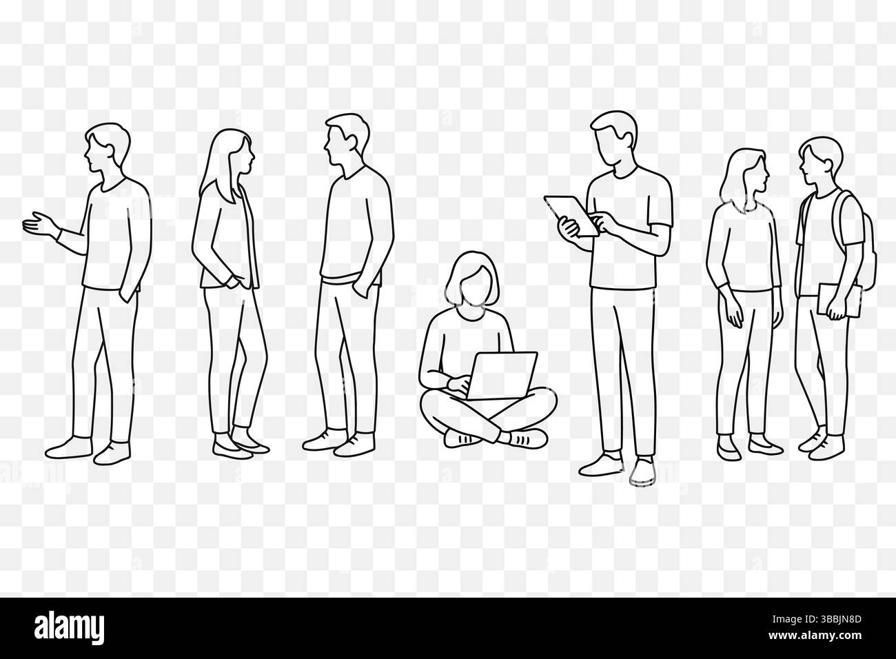 Minimaliste Line Art ensemble d'étudiants et de jeunes professionnels parlant, étudiant et utilisant la technologie Illustration de Vecteur