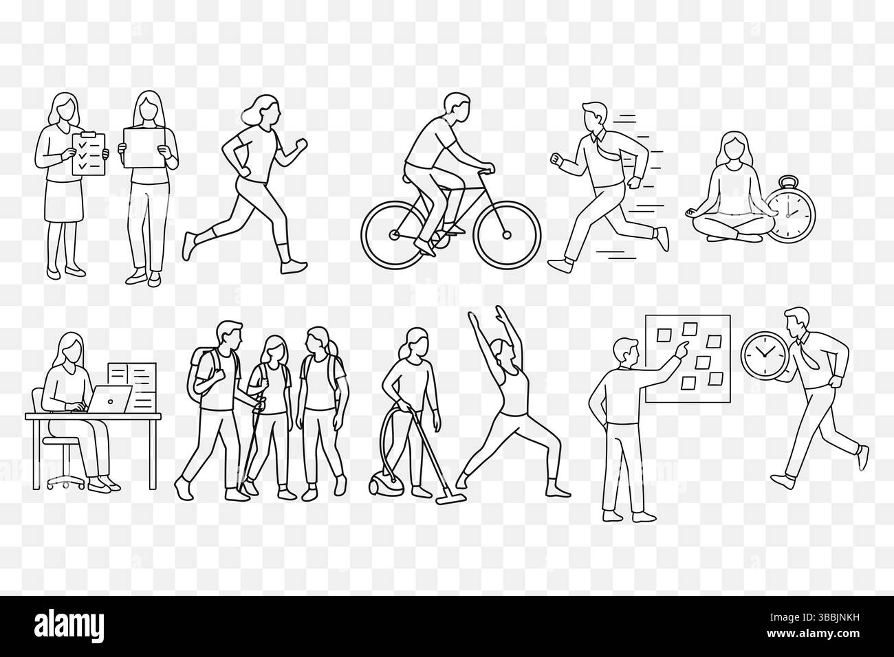 Ensemble vectoriel d'art de ligne de routine quotidienne et de gestion du temps Illustration de Vecteur