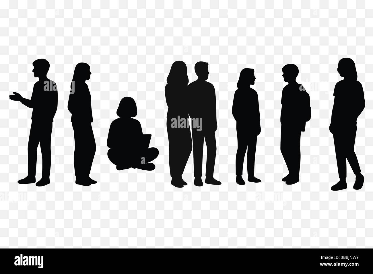 Black Silhouette Vector ensemble de personnes occasionnelles interagissant et étudiant - scènes de groupe modernes Illustration de Vecteur