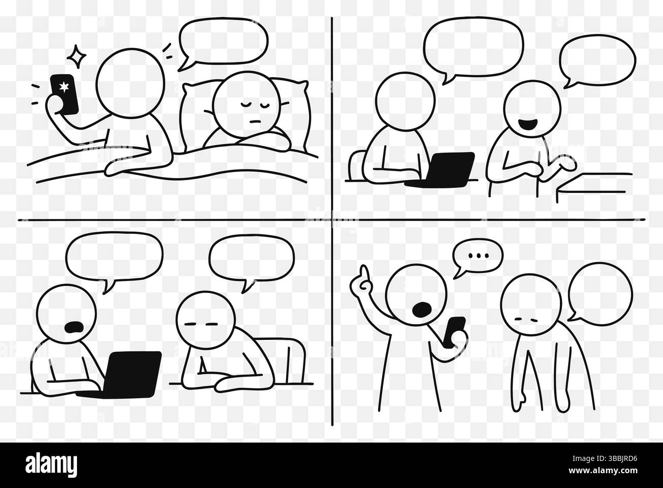 Bande dessinée modifiable – contraste entre les médias sociaux et la vie réelle avec des bulles de discours vierges Illustration de Vecteur