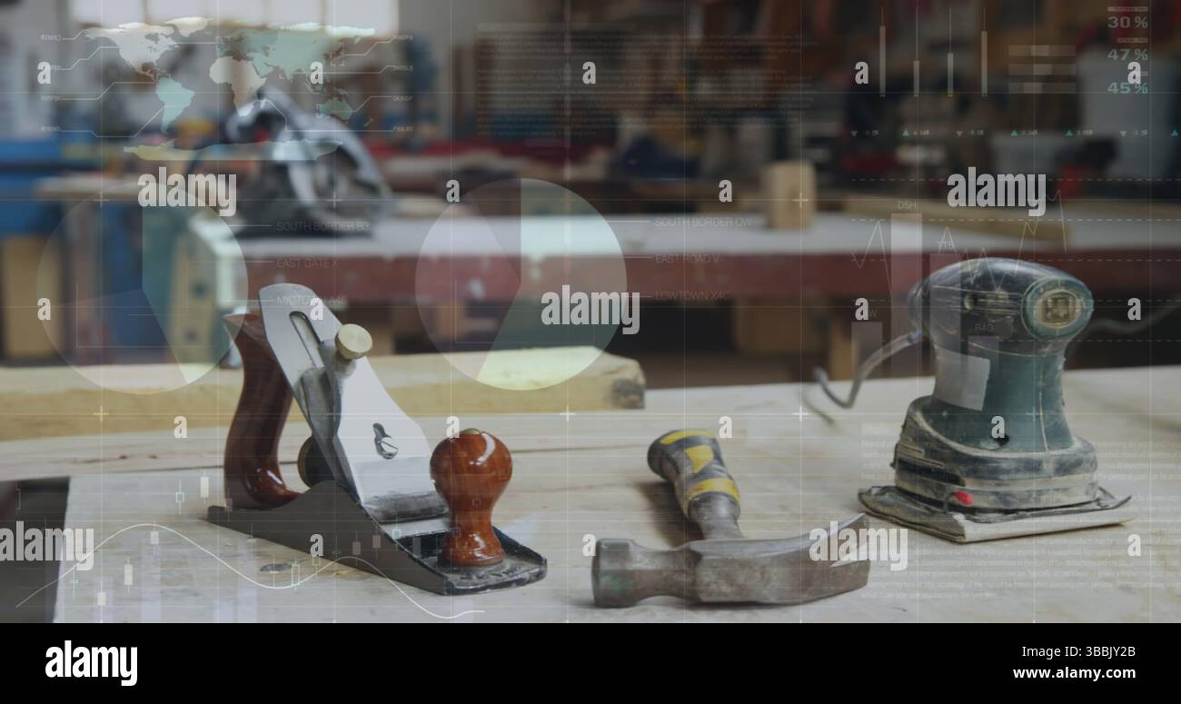 Image du traitement des données sur les outils de menuiserie en atelier Banque D'Images