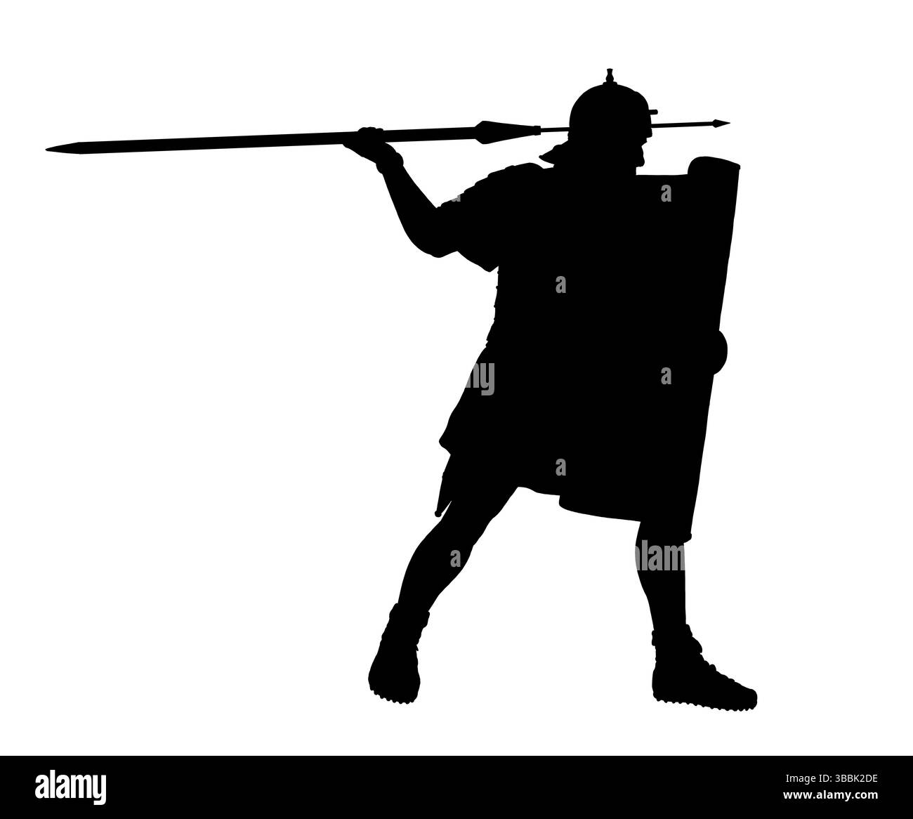 Légionnaire romain attaquant avec pilum. Dessin historique de contour noir. Banque D'Images