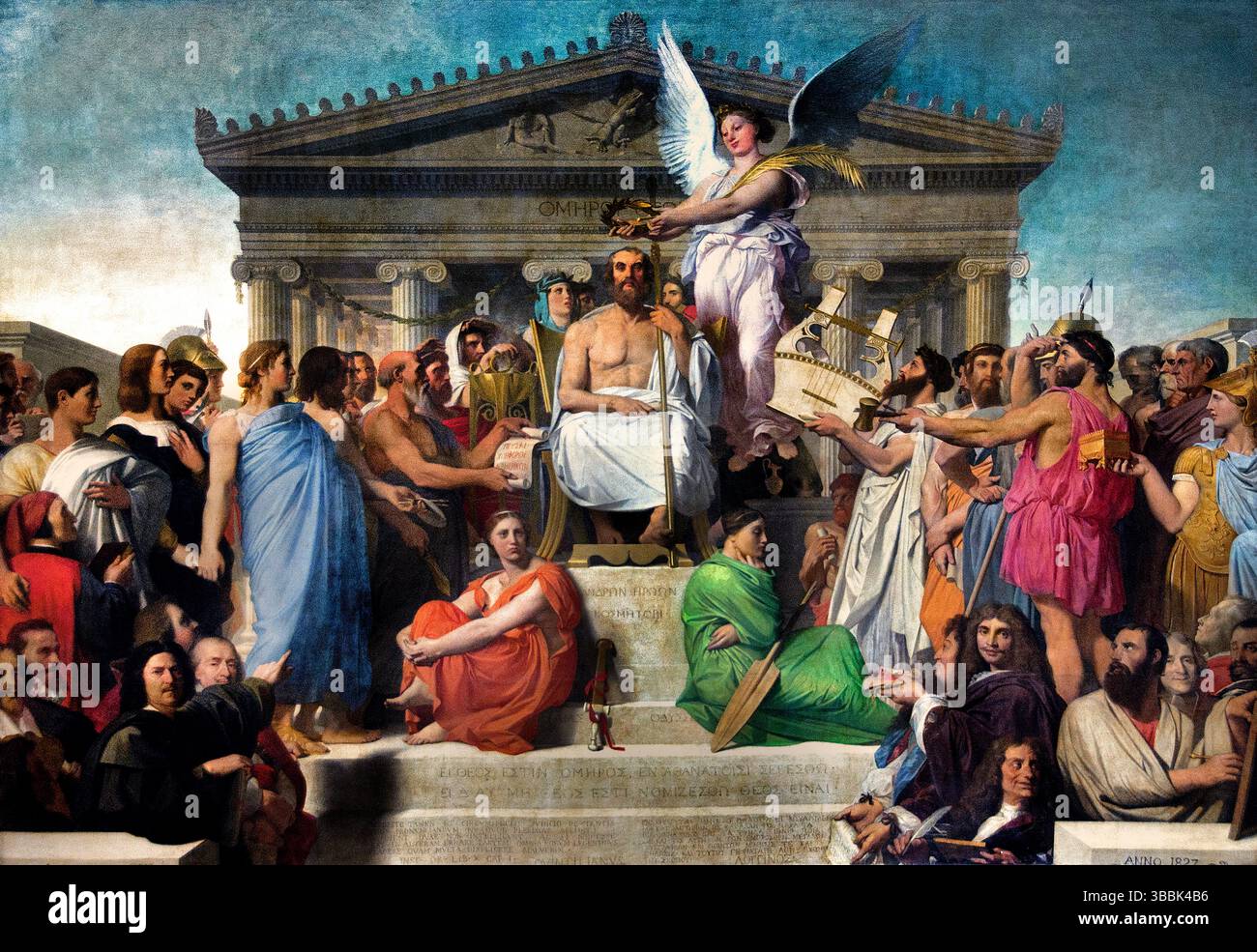 Jean-Auguste-Dominique INGRES, 1780 – 1867, Homère, déifié, ou, L'Apothéose d'Homère, 1827, Musée du Louvre. [ L'apothéose d'Homère, également connue sous le nom d'Homère, déifié, est une peinture monumentale de Jean-Auguste-Dominique Ingres, achevée en 1827. Il représente l'ancien poète grec Homère honoré comme un Dieu, entouré de figures de ses œuvres et d'autres figures notables de l'histoire et de l'histoire La peinture est un excellent exemple du style néoclassique et a été conçue comme une célébration du classicisme et de l'influence durable d'Homère. ] Banque D'Images