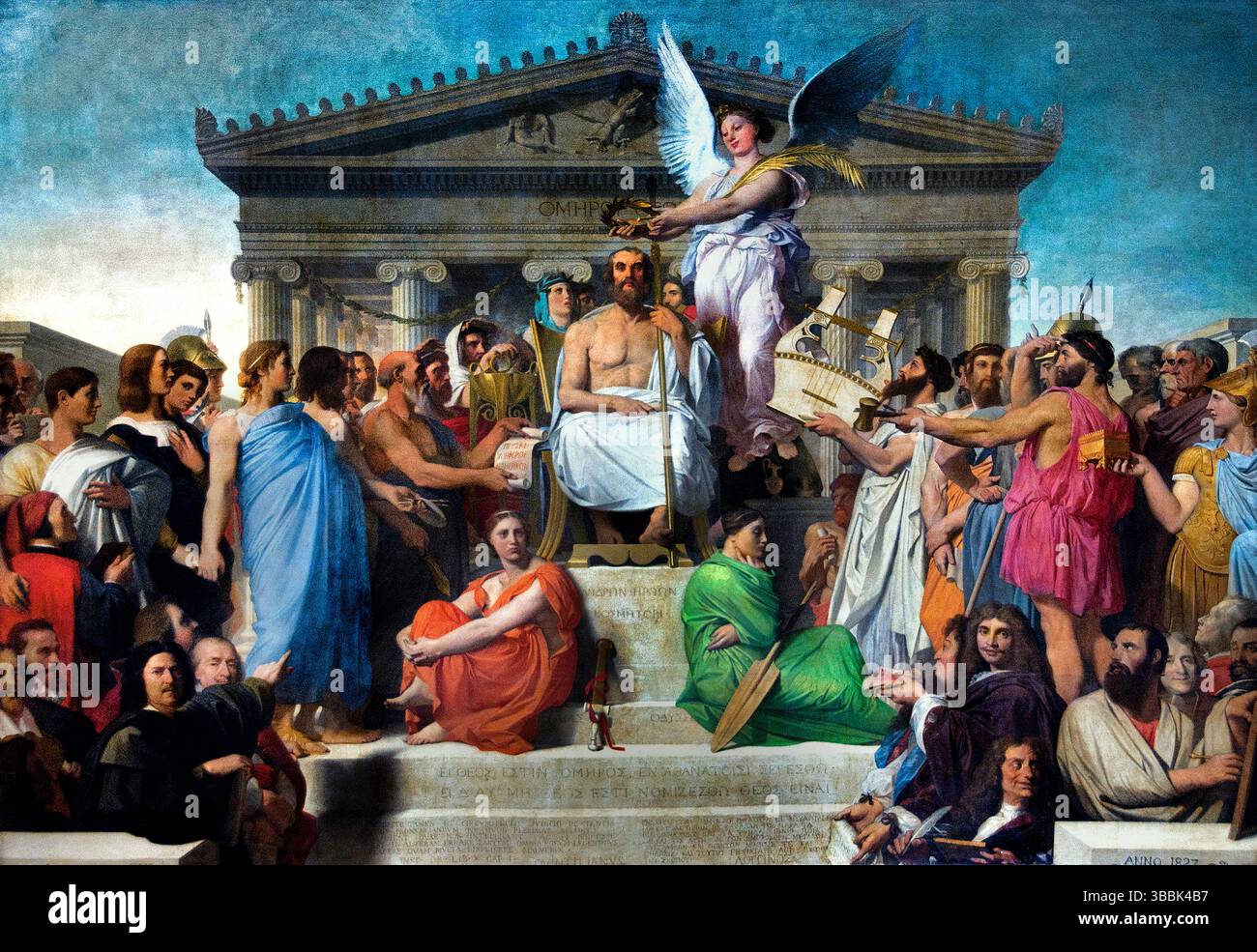 Jean-Auguste-Dominique INGRES, 1780 – 1867, Homère, déifié, ou, L'Apothéose d'Homère, 1827, Musée du Louvre. [ L'apothéose d'Homère, également connue sous le nom d'Homère, déifié, est une peinture monumentale de Jean-Auguste-Dominique Ingres, achevée en 1827. Il représente l'ancien poète grec Homère honoré comme un Dieu, entouré de figures de ses œuvres et d'autres figures notables de l'histoire et de l'histoire La peinture est un excellent exemple du style néoclassique et a été conçue comme une célébration du classicisme et de l'influence durable d'Homère. ] Banque D'Images