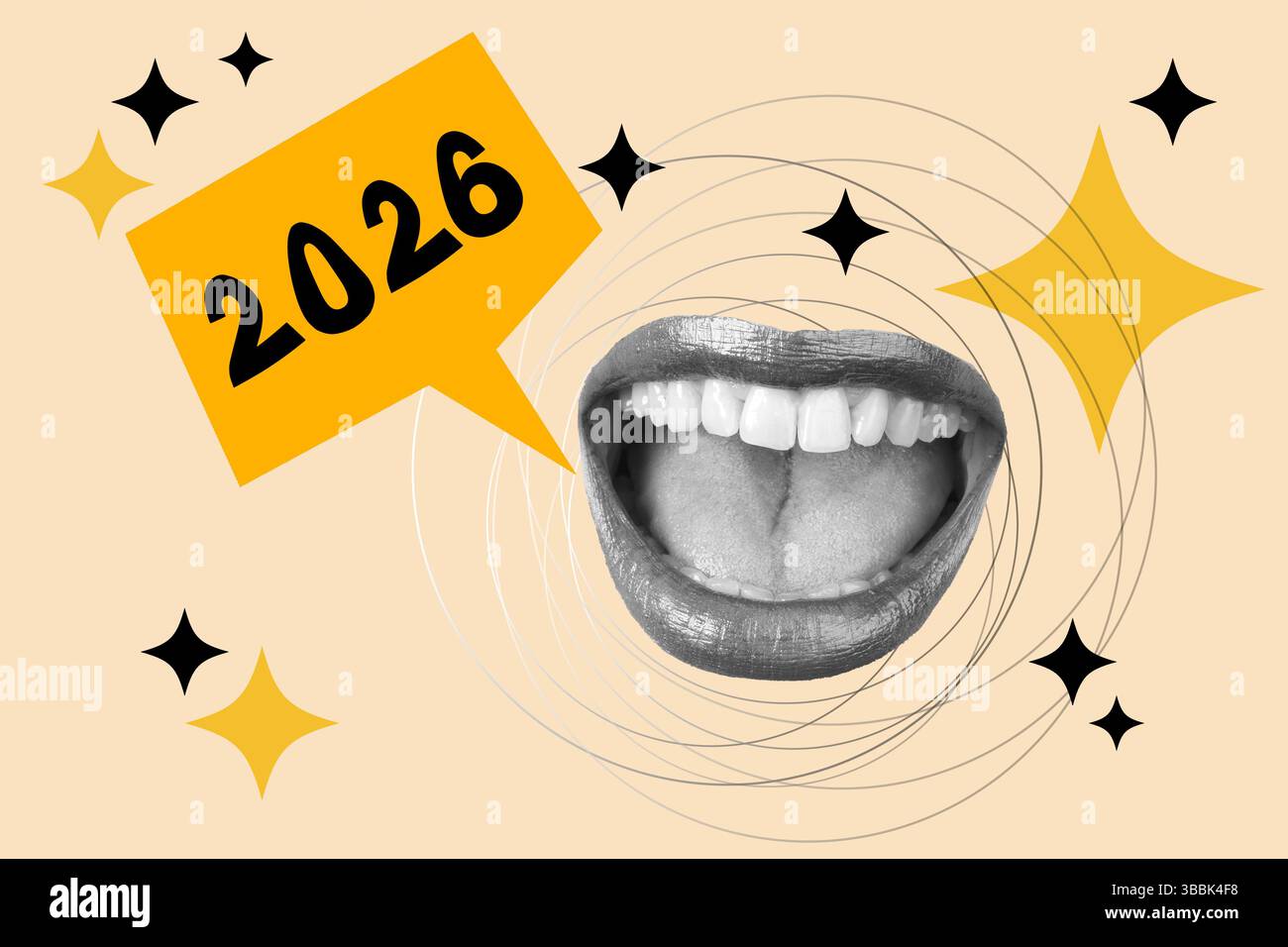 Collage d'une femme bouche ouverte avec un signe 2026 sur fond jaune avec des étoiles et des lignes Banque D'Images